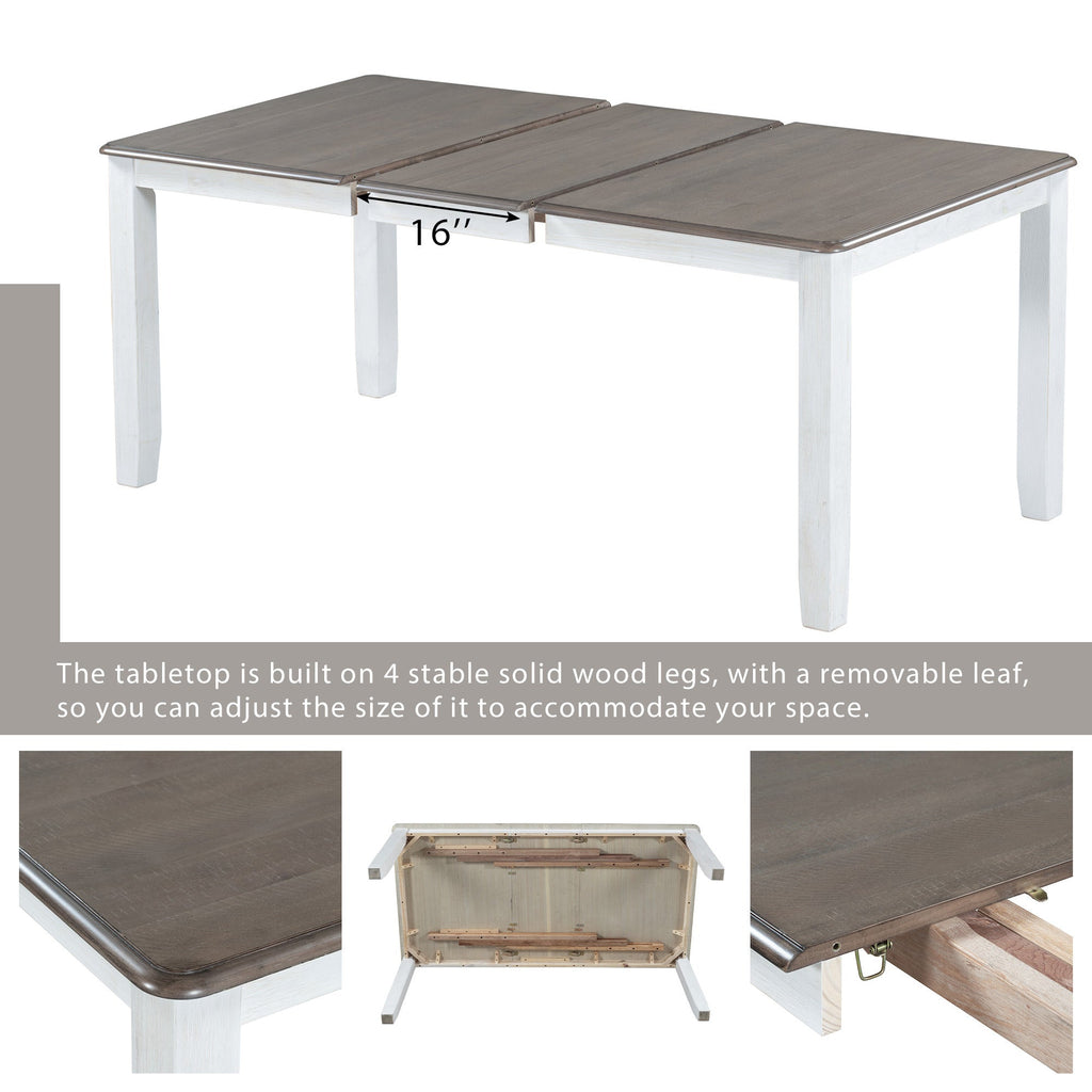 TREXM Retro Style 7-Piece Dining Table Set with Extendable Table, Upholstered Chairs, Brown+White, Solid Wood