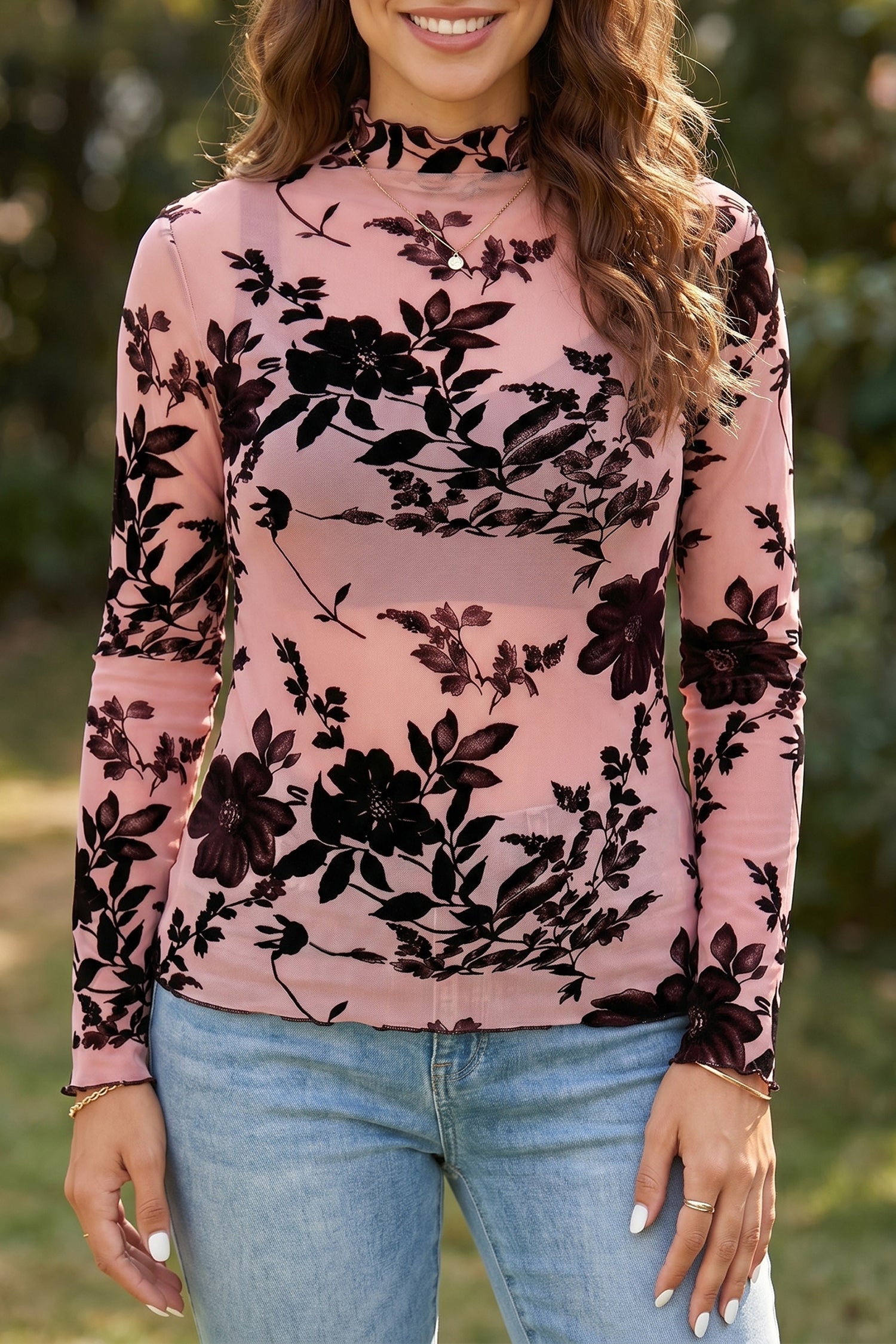 Floral Retro Mesh Long Sleeve Blouse