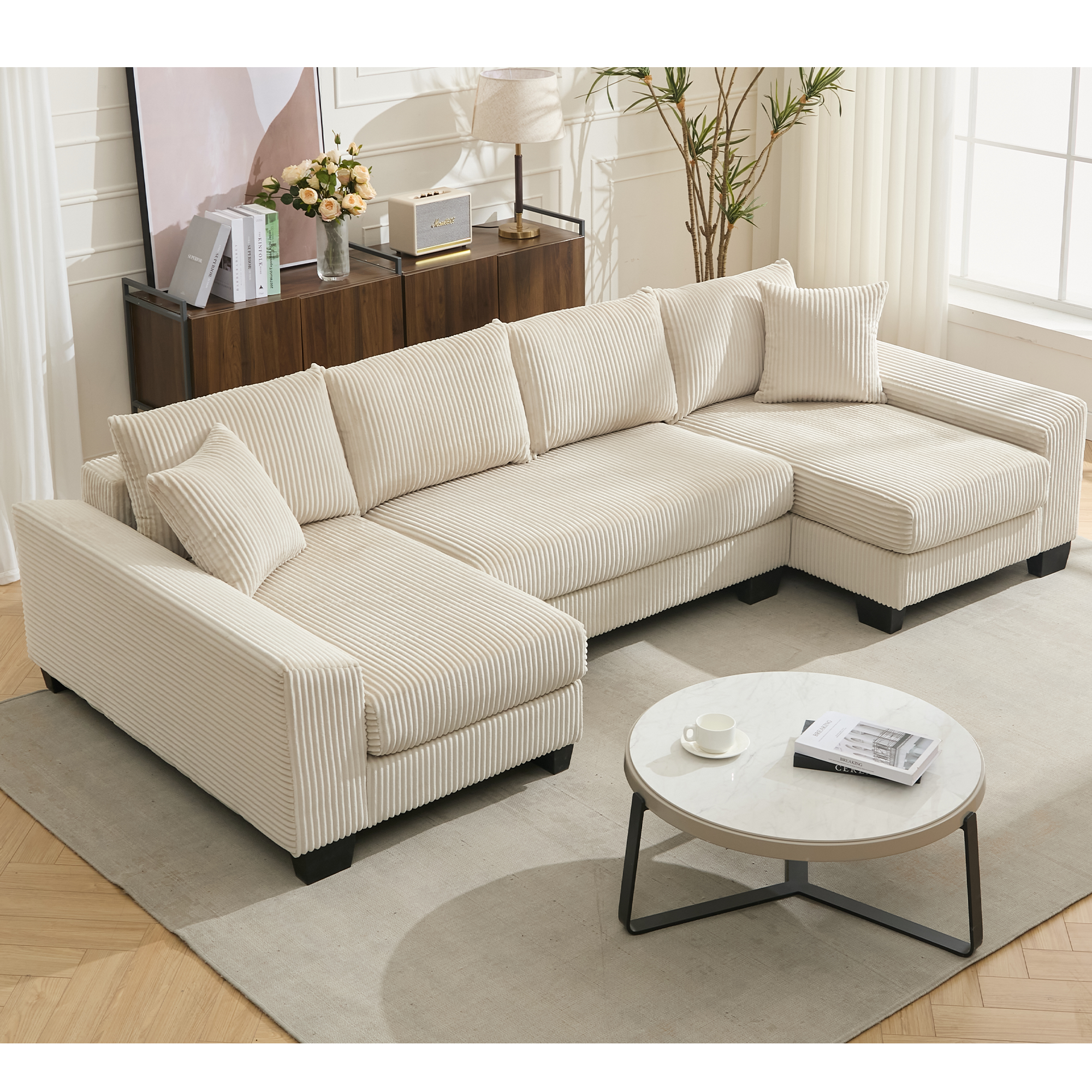[NEW ARRIVED] [VIDEO PROVIDED] 114' Sleeper Sofa,U Shaped Sofa , Pull Out Bed,Convertible Oversize 2 in 1 Sleeper Sofa, Living Room,Upholstery Sofa Bed,Adjustable Sleeper Sofa,Corduroy,Beige