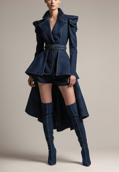 Sculptural Peplum Hem Tailored Denim Jacket & Shorts Set (See size chart where applicable)