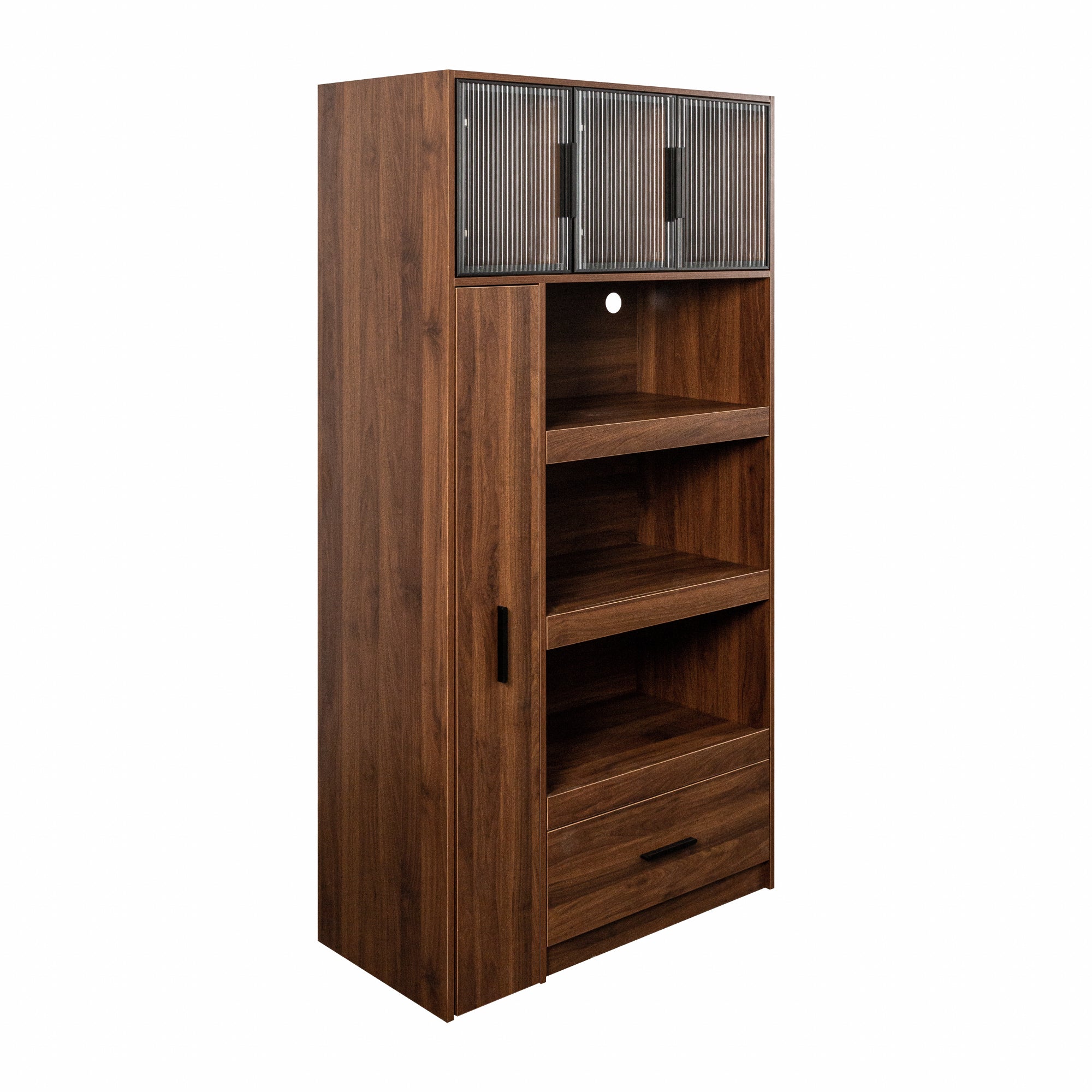 70.87' Tall Kitchen Pantry Cabinet with multi-functional pull-out multi-tier storage shelf, 1 Drawers,with Aluminum frame glass door,Freestanding Food Hutch with Microwave Stand for Dining Room