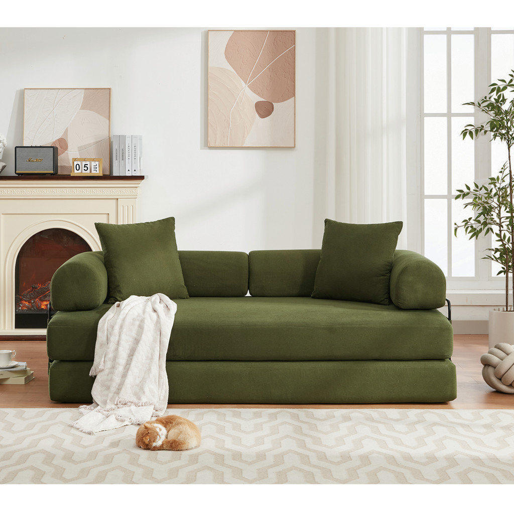 [NEW ARRIVED] [VIDEO PROVIDED] 78.5' Folding Convertible Out Sleeper Sofa Bed,4-in-1 DIY Combination Convertible  Sofa, 3 seat, Folding Sleeper Sofa, King Size , Bedroom,Apartment,Corduroy,Green