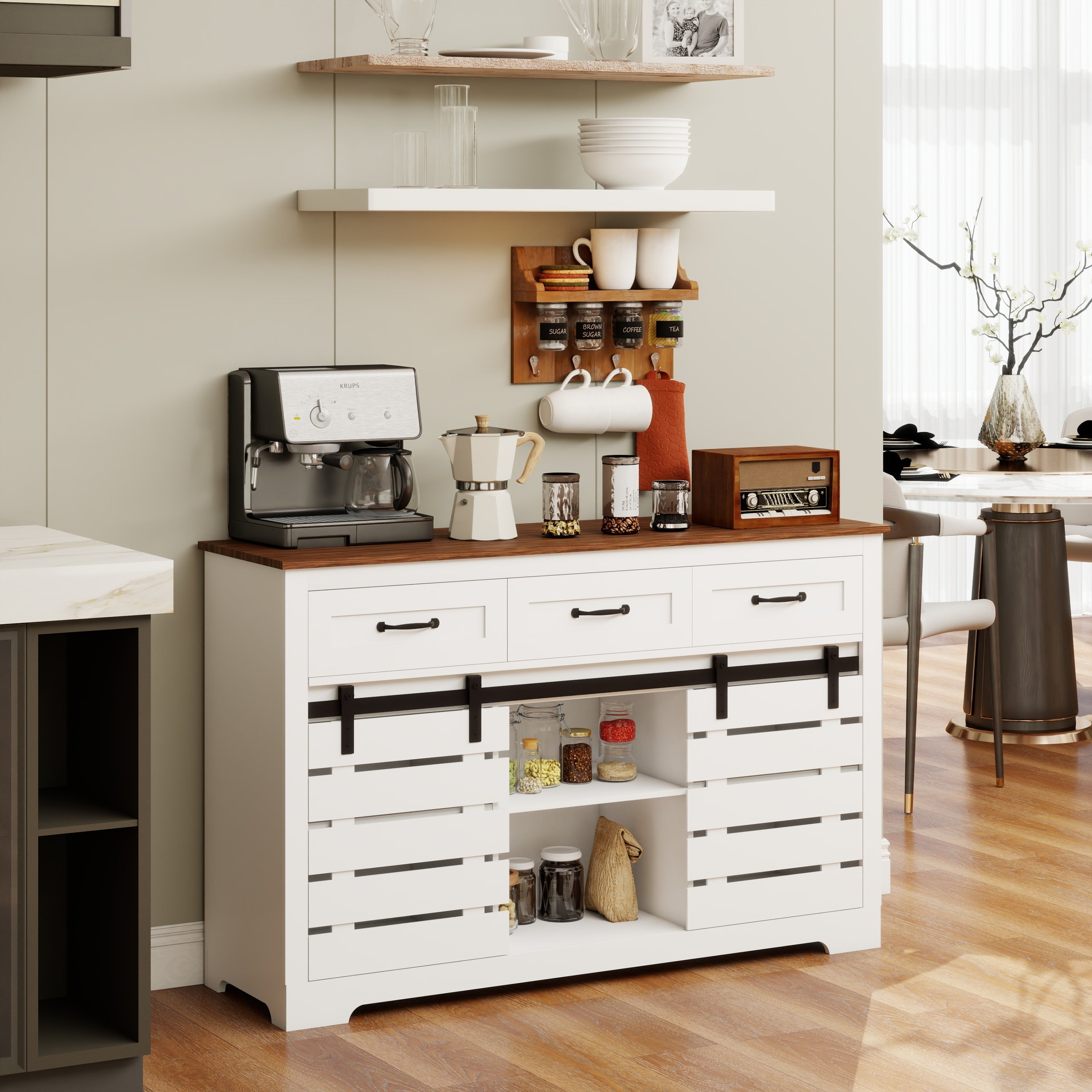 53' Farmhouse Sideboard Buffet Storage Cabinet with 3 Drawers, 2 Sliding Barn Doors, 2 Adjustable Shelves, Coffee Bar Cabinet for Kitchen, Living Room, Dining Room-White