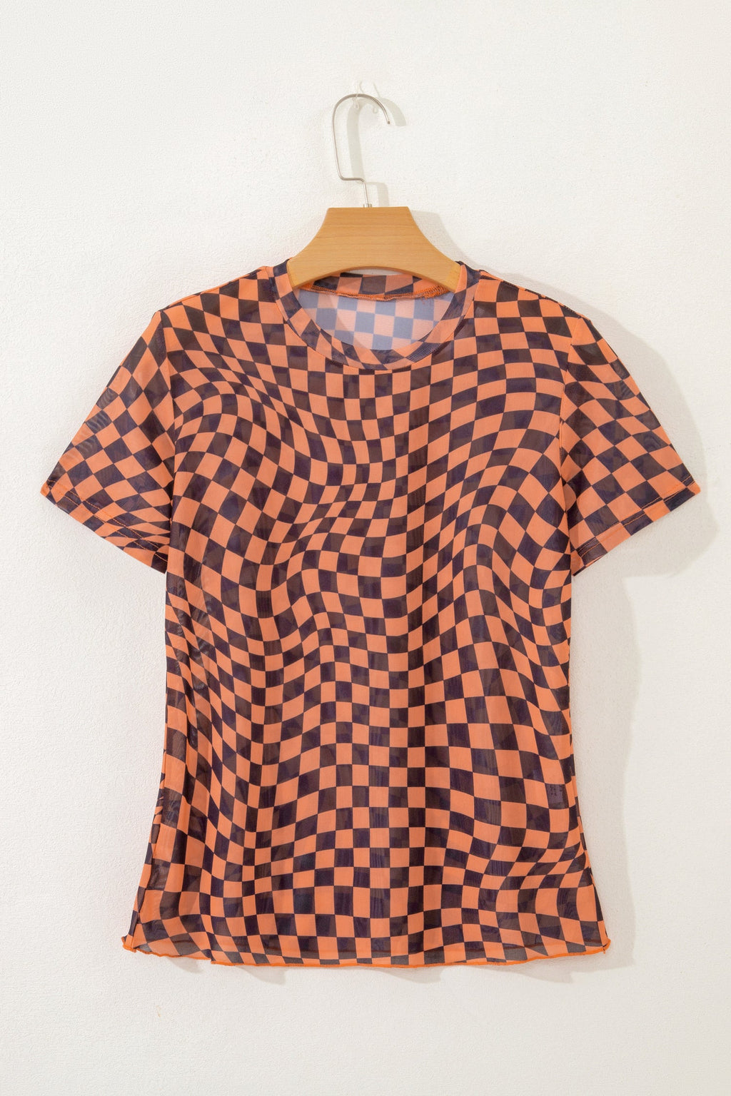 Checker Mesh Mock Neck Short Sleeve T-Shirt