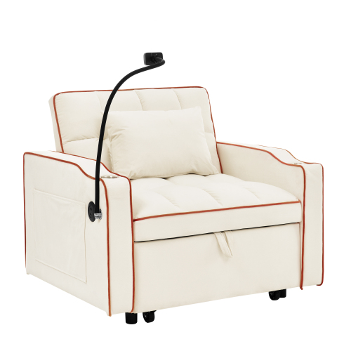 1 versatile foldable sofa bed in 3 lengths, modern sofa sofa sofa velvet pull-out bed, adjustable back and with USB port and ashtray and swivel phone stand creamy white