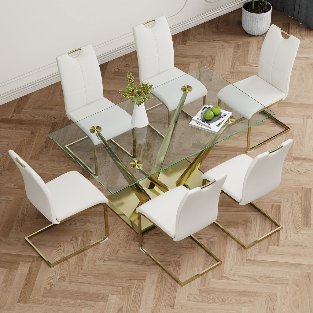 Modern style glass dining table, elegant transparent design, sturdy stainless steel base, White dining chair set, with gold-plated chair legs, suitable for dining room and kitchen (set of 7)