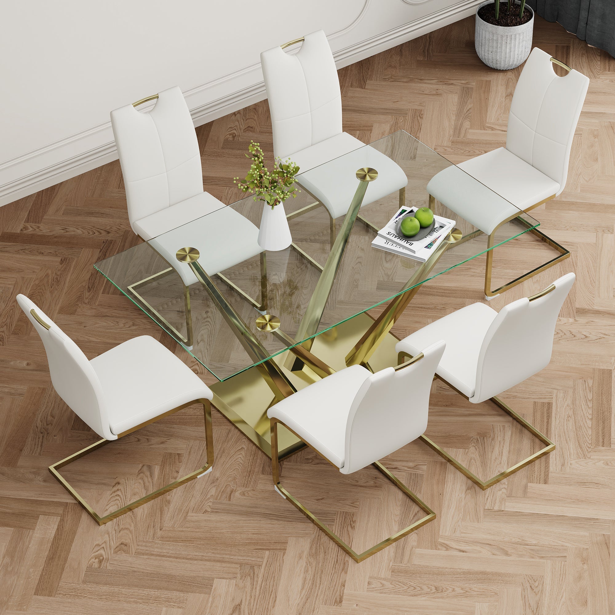 Modern style glass dining table, elegant transparent design, sturdy stainless steel base, White dining chair set, with gold-plated chair legs, suitable for dining room and kitchen (set of 7)