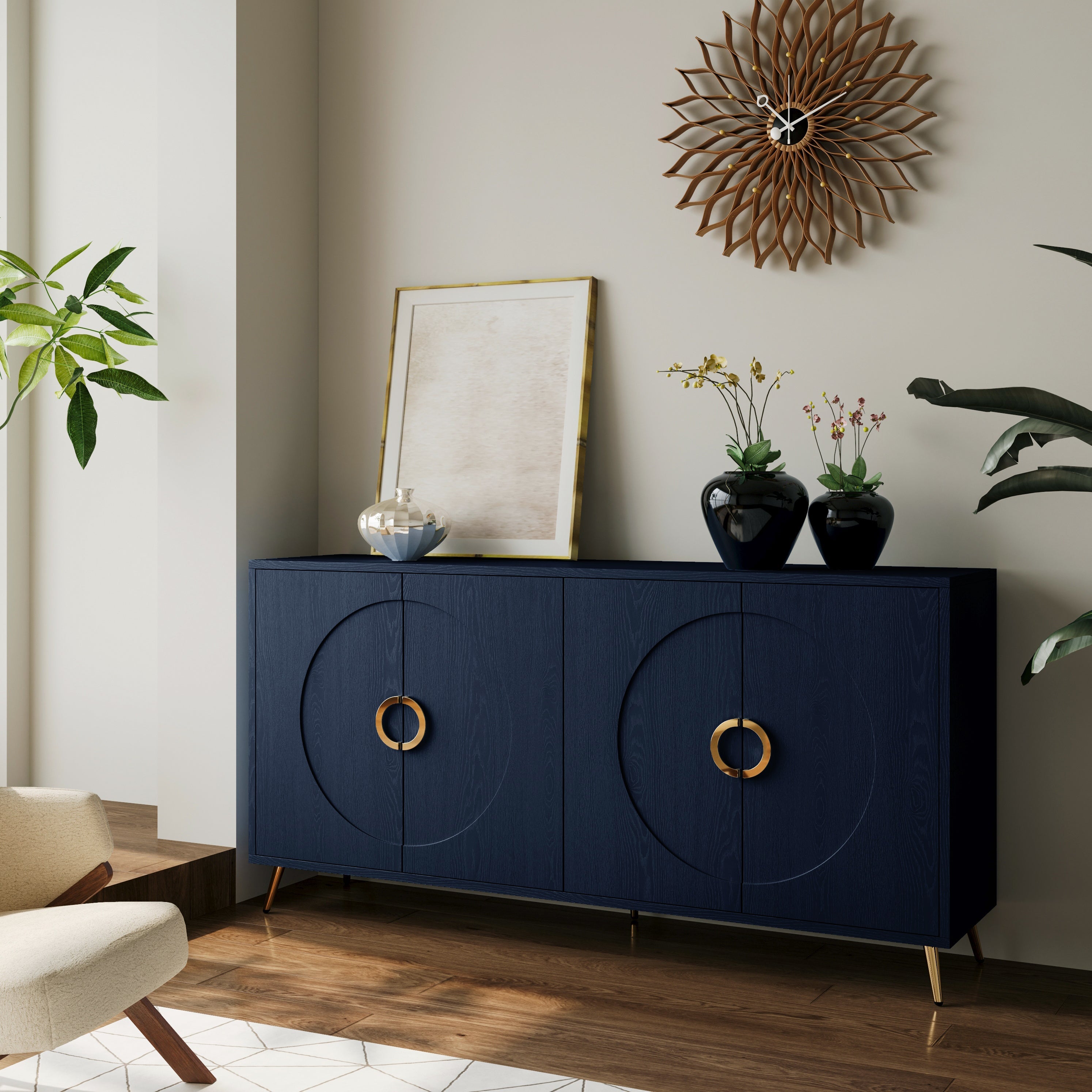 Modern Lacquered 4 Door Wooden Cabinet Sideboard Buffet Server Cabinet Storage Cabinet, for Living Room, Entryway, Hallway, Office, Kitchen and Dining Room, Navy Blue