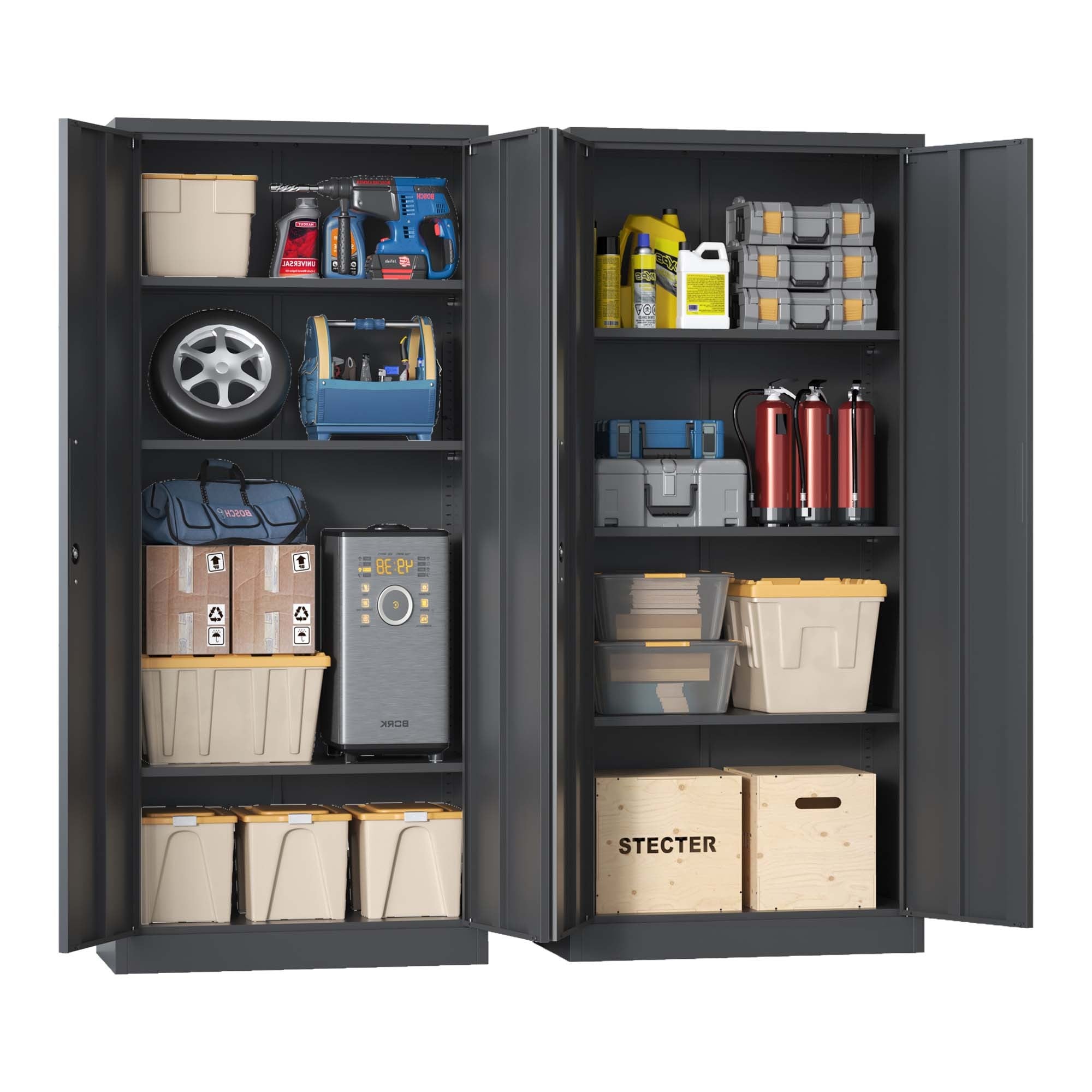 Heavy Metal Garage Storage Cabinet, Black Tool Steel Locking Cabinet with Doors and 3 Adjustable Shelves, 71 Inch Tall