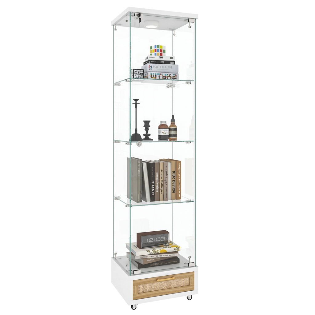Modern Glass Display Cabinet with Drawer , Quick-assembly Antique Cabinet with LED lights, Tempered Glass Bookshelf,  1-Door Storage Case with 4 Shelves  for Living Room and Bedroom, white and natural