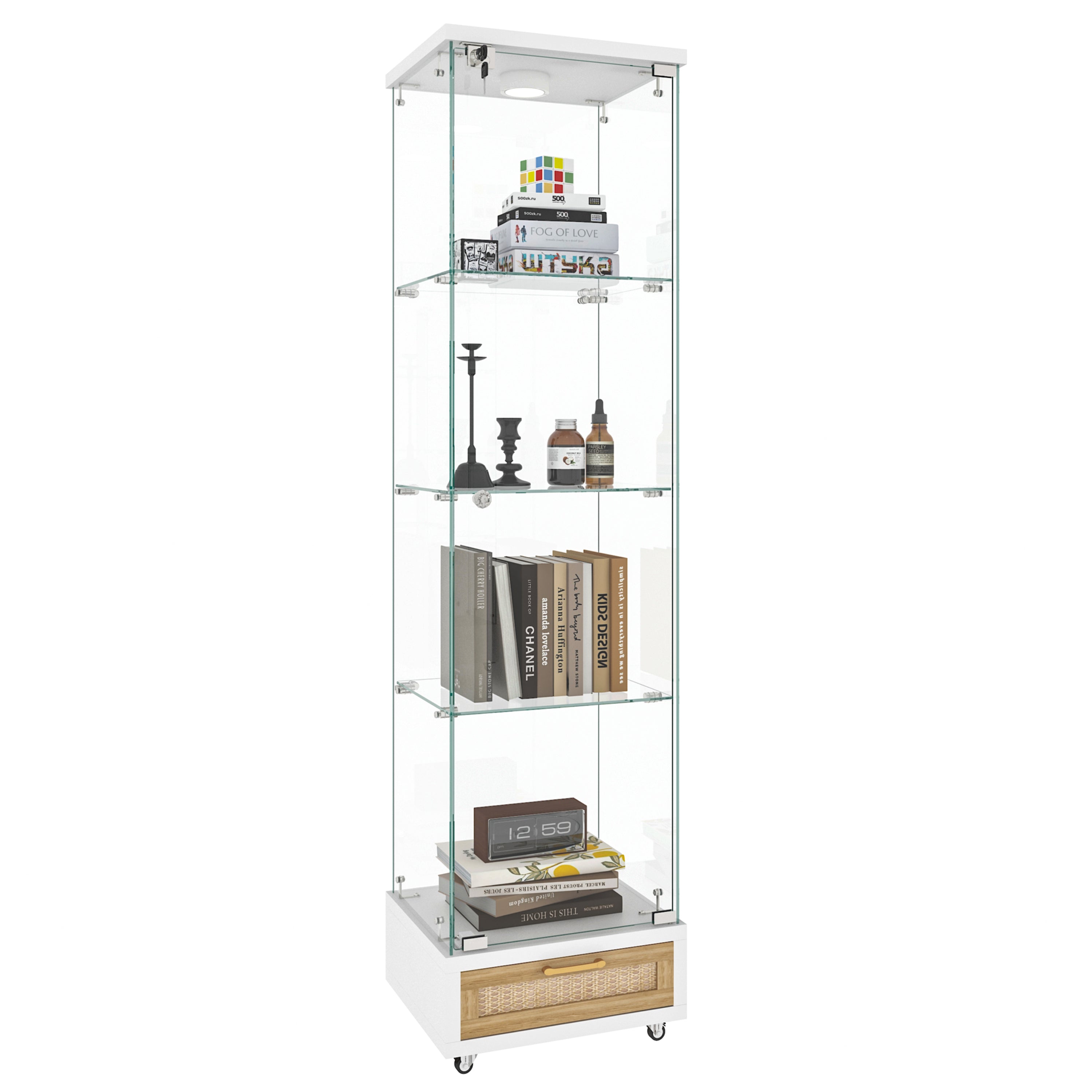 Modern Glass Display Cabinet with Drawer , Quick-assembly Antique Cabinet with LED lights, Tempered Glass Bookshelf,  1-Door Storage Case with 4 Shelves  for Living Room and Bedroom, white and natural