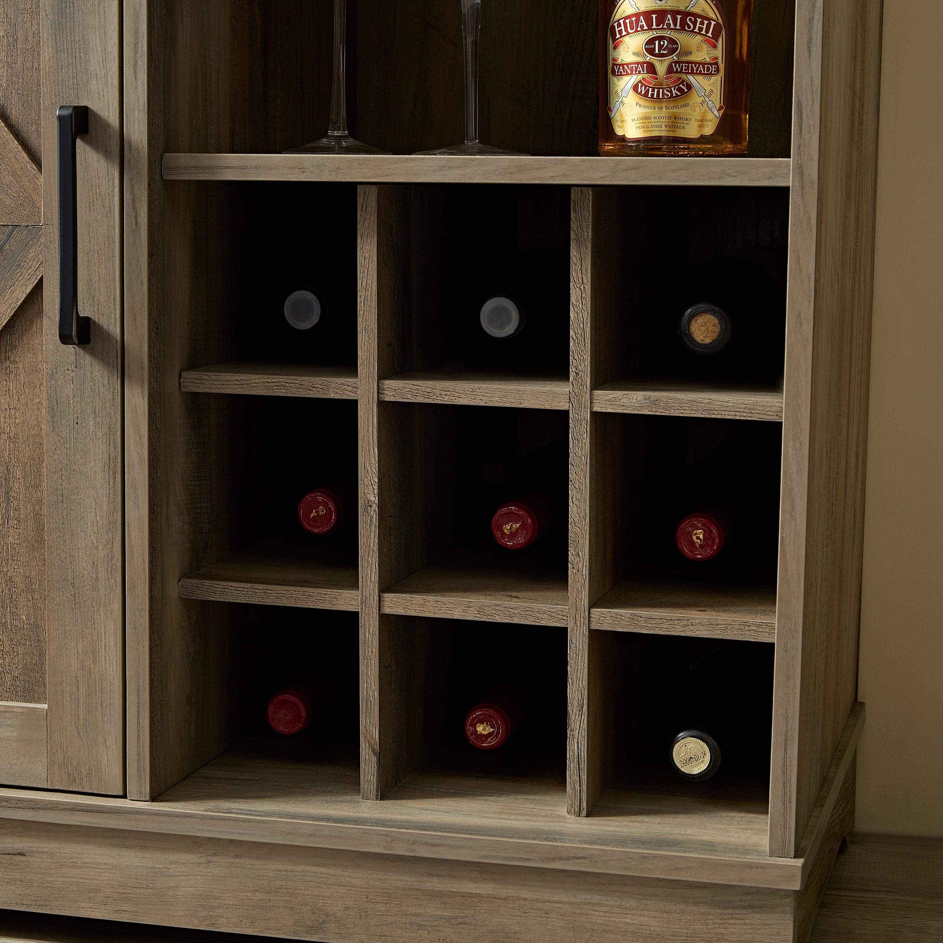 Wine Bar Cabinet for Liquor and Glasses, Farmhouse Coffee Bar, Cabinet with Wine Rack Barn Door Buffet Sideboard Cabinet with Drawer, Adjustable Storage Shelves, 31.5'*15.75'*31.5'Gray Wash