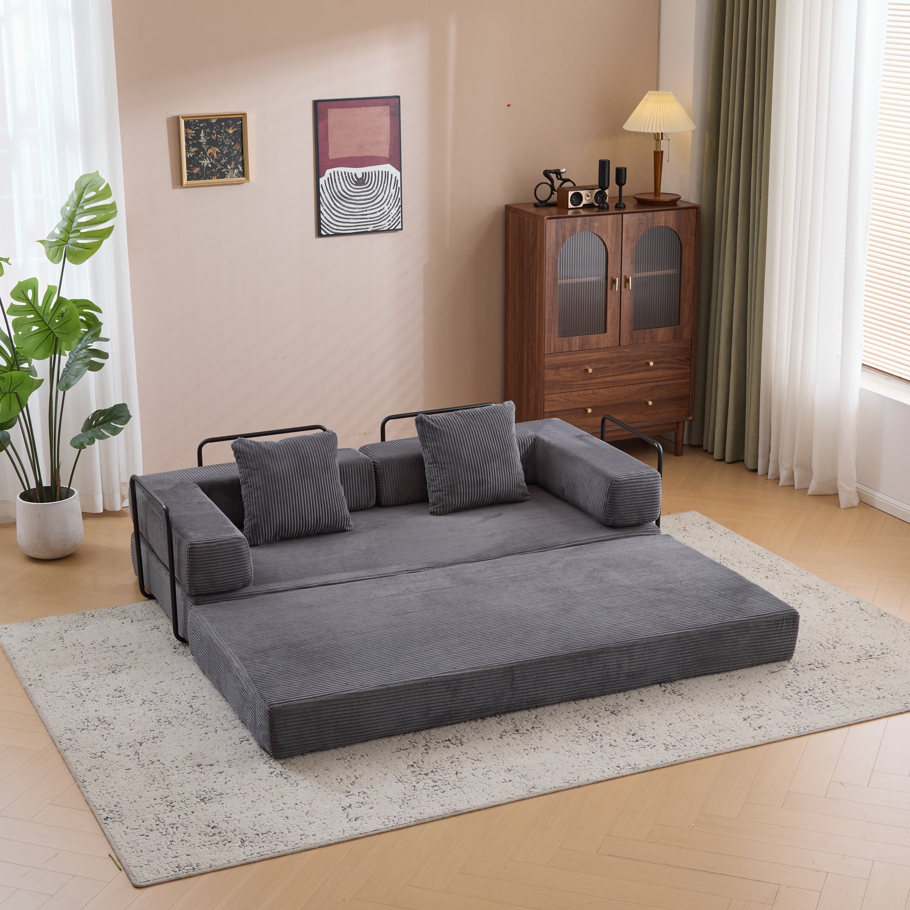 Floor Couch,Compression Sofa,Convertible Floor Sofa Bed-with Pillow Back Support Armrest,Comfy Futon Couch Lounge Sleeper Bed,Corduroy Fabric,for Living Room Bedroom (dark grey)