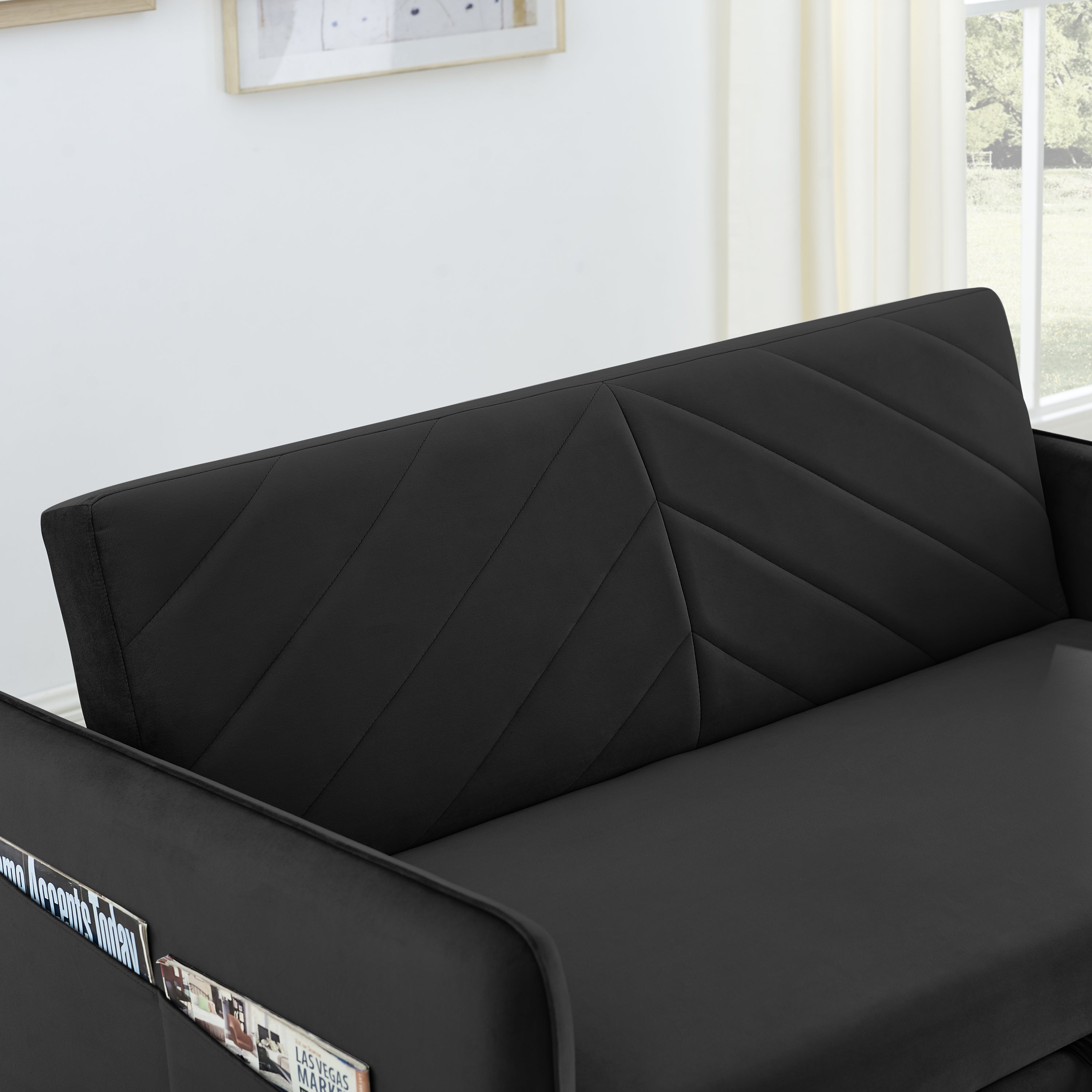MH' Sleeper Sofa Bed w/USB Port, 3-in-1 adjustable sleeper with pull-out bed, 2 lumbar pillows and side pocket, soft velvet convertible sleeper sofa bed, suitable for living room bedroom