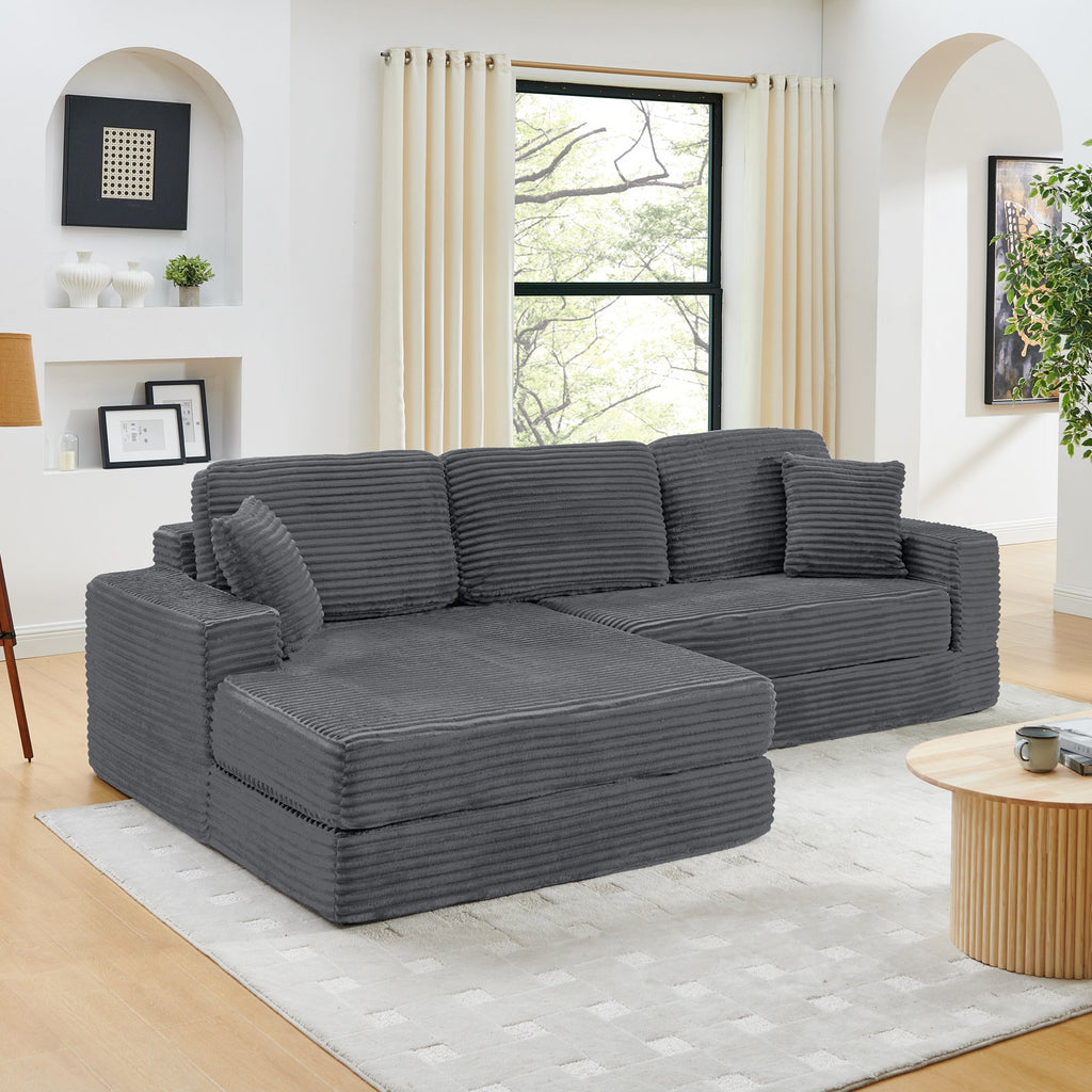 Minimalist L Shape Modular Sectional Sofa Bed in Gray Corduroy Fabric