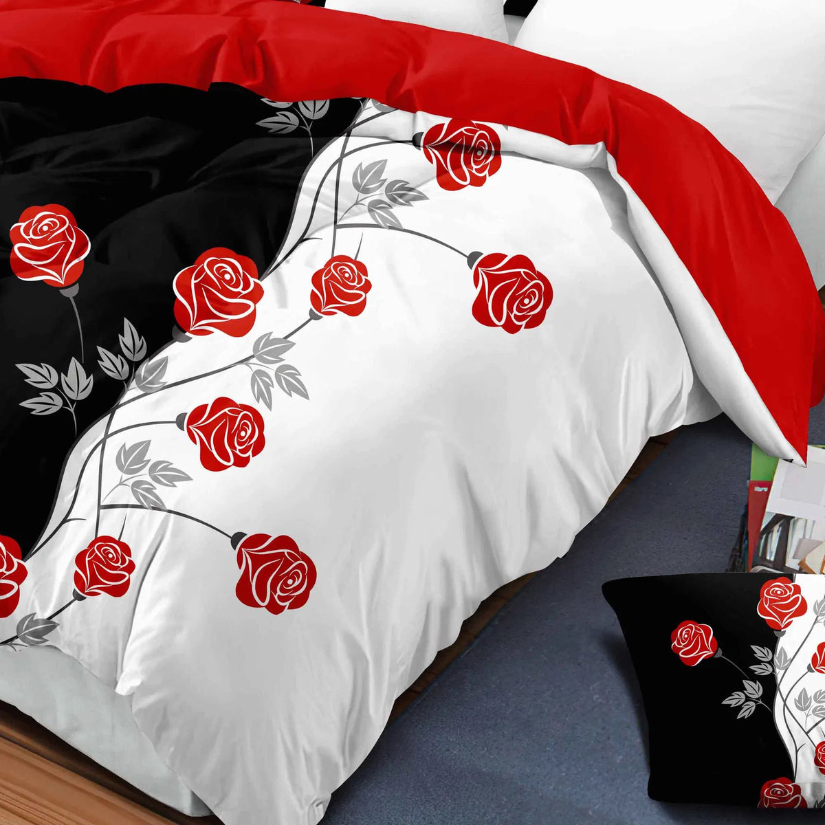 9-Piece Red Rose Bedding & Curtain Set - Quilted Microfiber Bedspread + Sheer Curtains