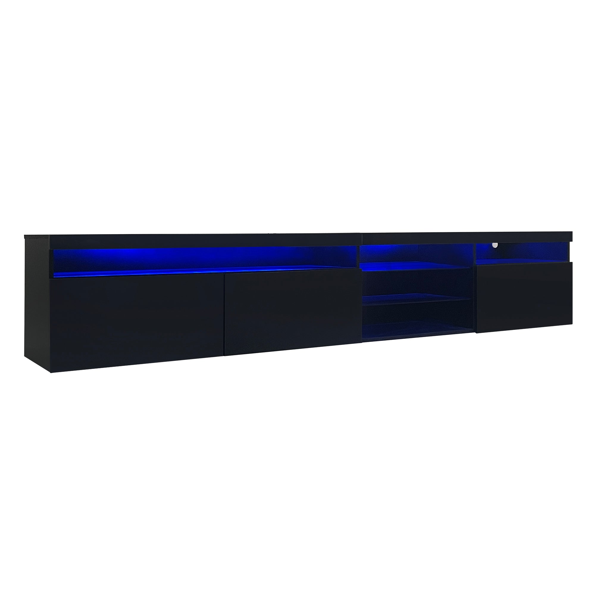 ON-TREND Unique Design TV Stand with 2 Glass Shelves, Ample Storage Space Media Console for TVs Up to 105', Versatile TV Cabinet with LED Color Changing Lights for Living Room, Black