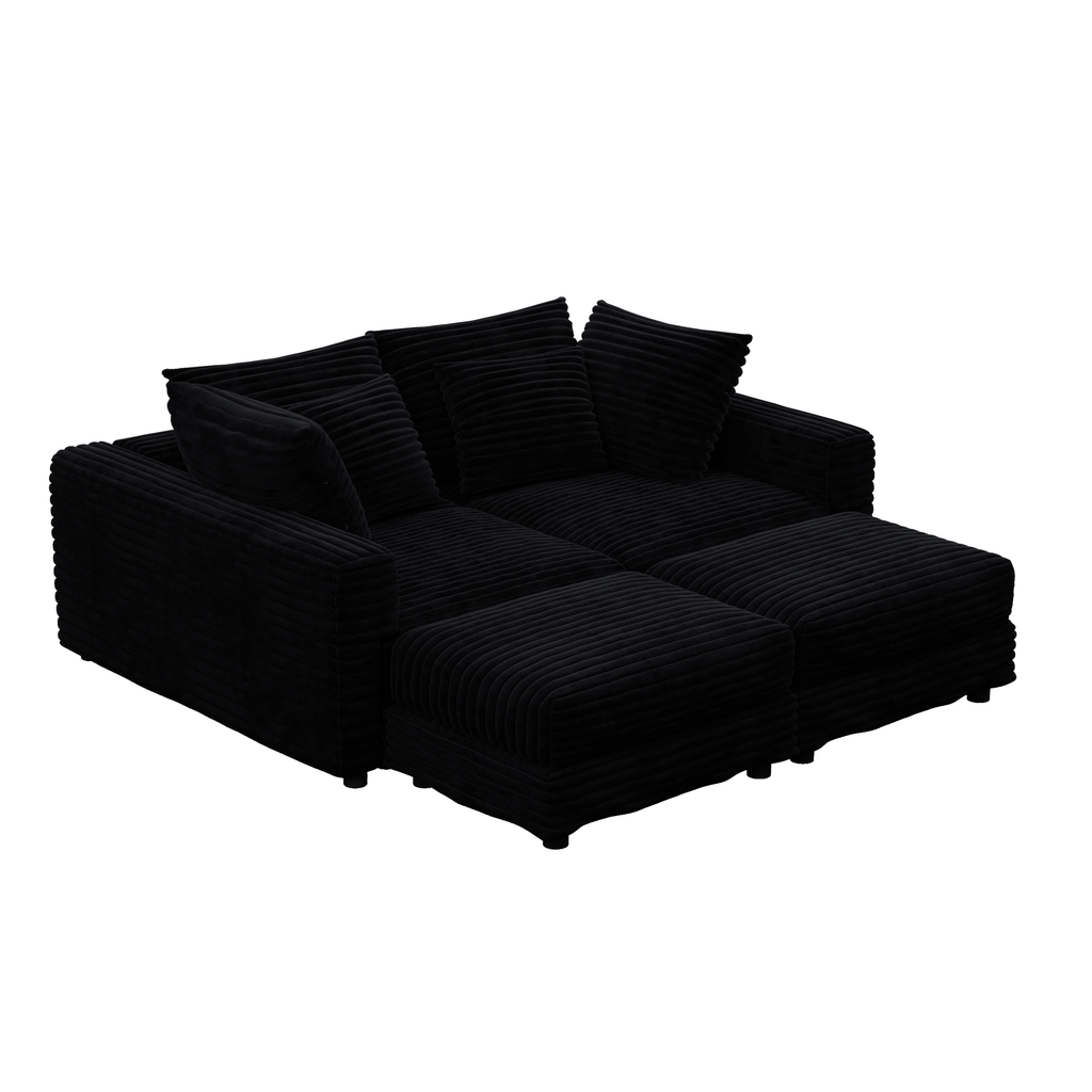 104.3 ' Plush Corduroy 4-Seat Sofa, Modern Comfy Upholstered Sofa Cloud Couch, Deep Seat Couches with Soft Pillows and 2 Ottomans, Convertible Sofa Lounge Chair, for Living Room,Apartment,Office,Black