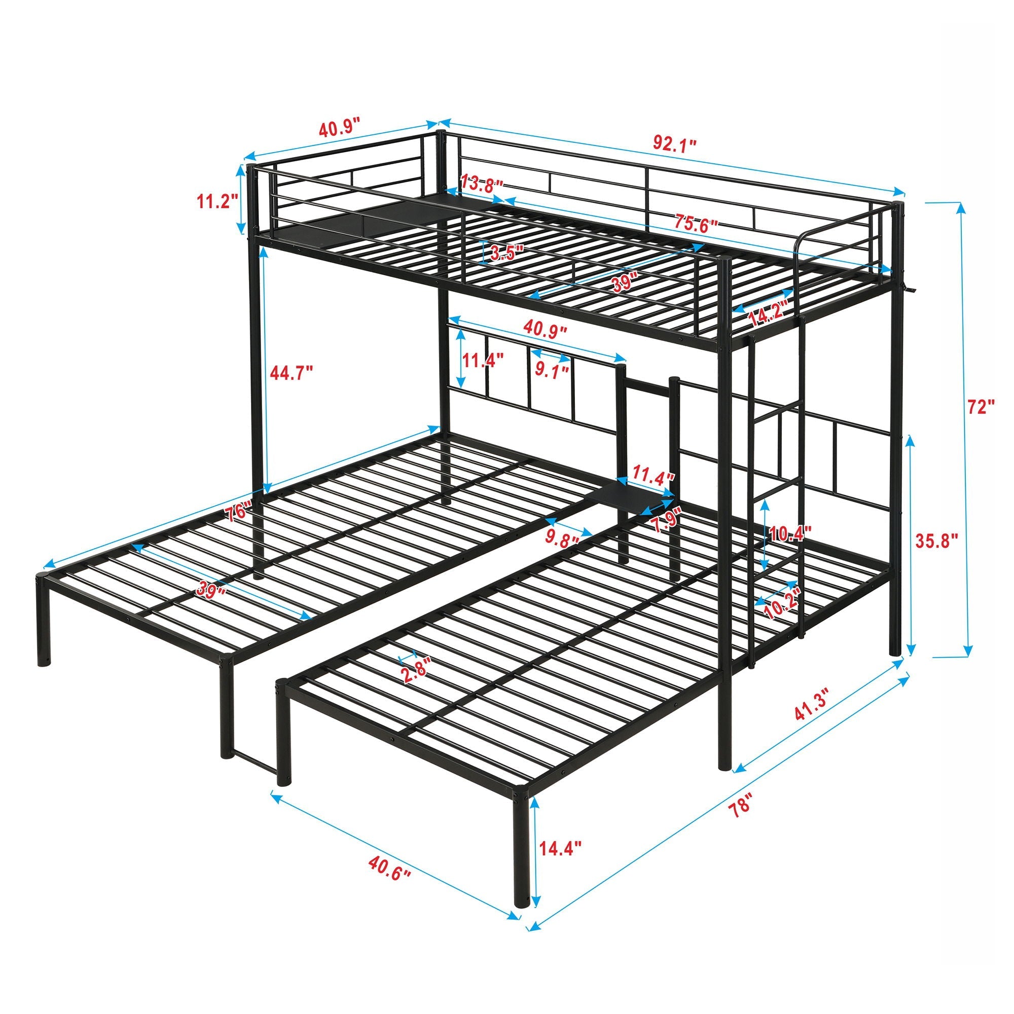 Twin Over Twin Over Twin Triple Bunk Bed With Safety Rails And Storage Shelf - Black
