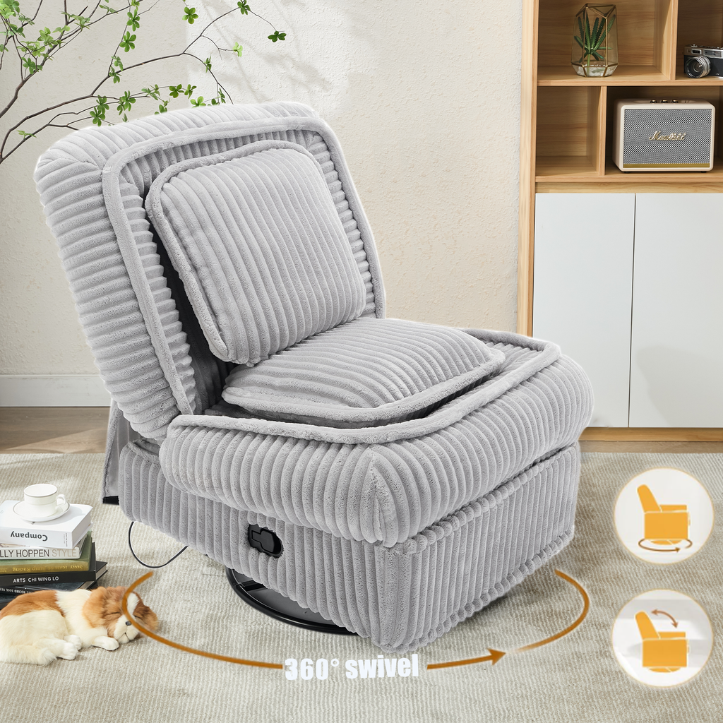 [NEW ARRIVED] 360° Swivel Rocking Single Sofa,Recliner Sofa, Manual Glider Rocking Armless Chair,Living Room Office, With Adjustable Backrest and Footrest and pillows, Small Spaces,Corduroy , Gray