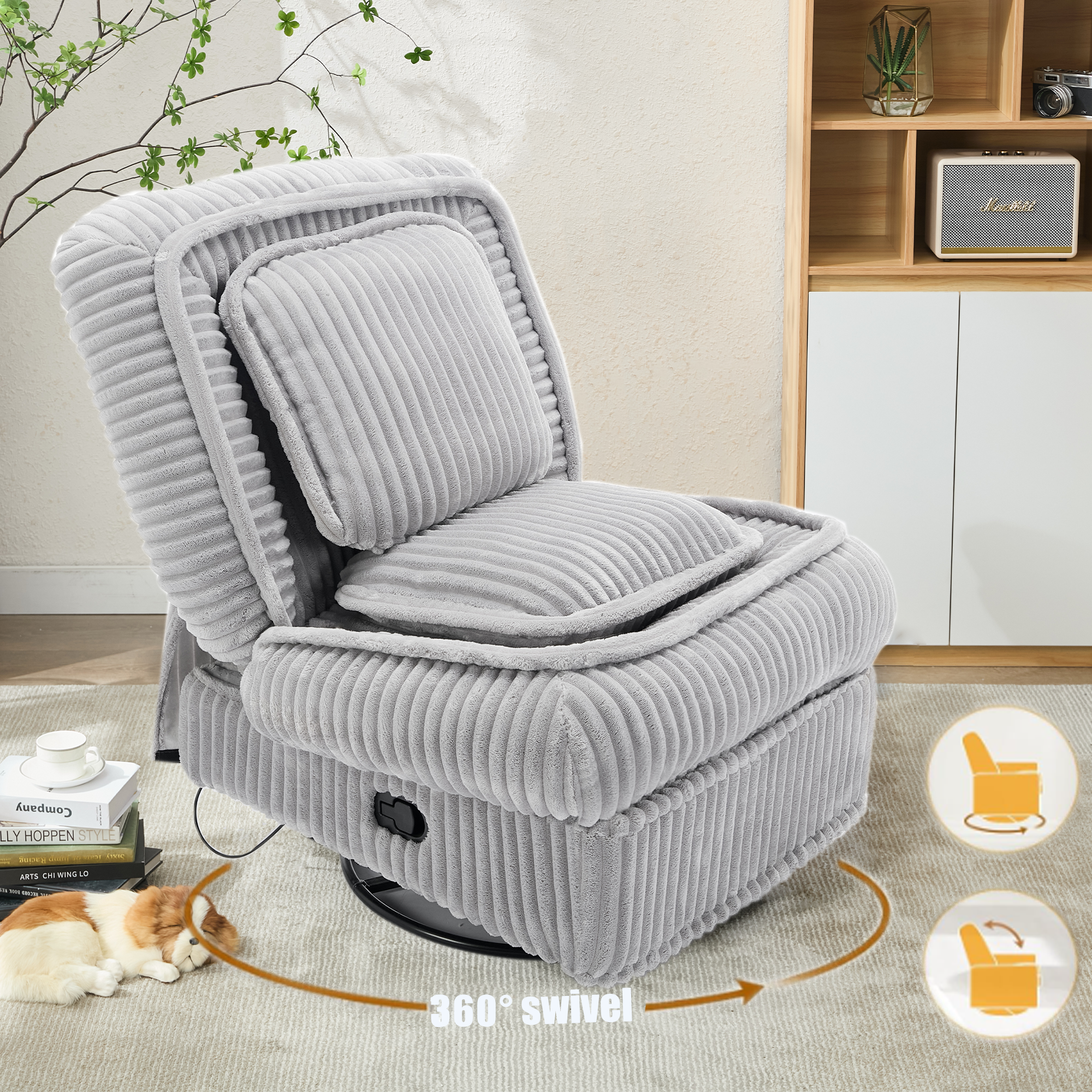 [NEW ARRIVED] 360° Swivel Rocking Single Sofa,Recliner Sofa, Manual Glider Rocking Armless Chair,Living Room Office, With Adjustable Backrest and Footrest and pillows, Small Spaces,Corduroy , Gray