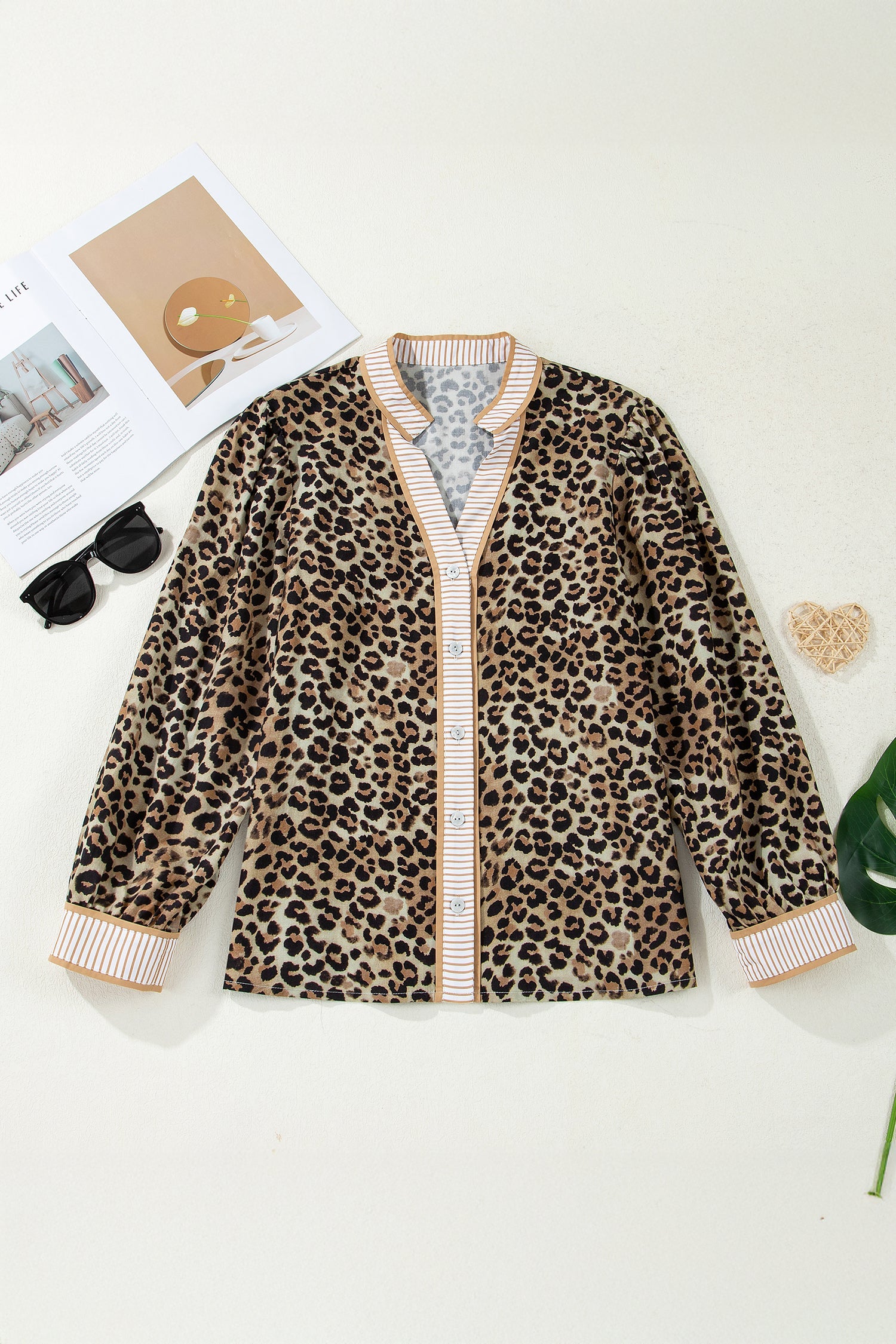 Leopard Contrast Stripe V-Neck Shirt