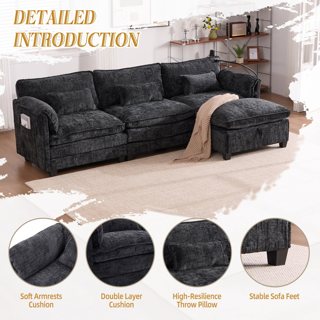 UNITED WE WIN 112' Oversized Sectional Sofa Cloud Couch for Living Room, Modern Chenille L Shaped Couch, Comfy Boucle Modular Sofa Sleeper with Movable Storage Ottoman, Phone Holder, USB Charging Port