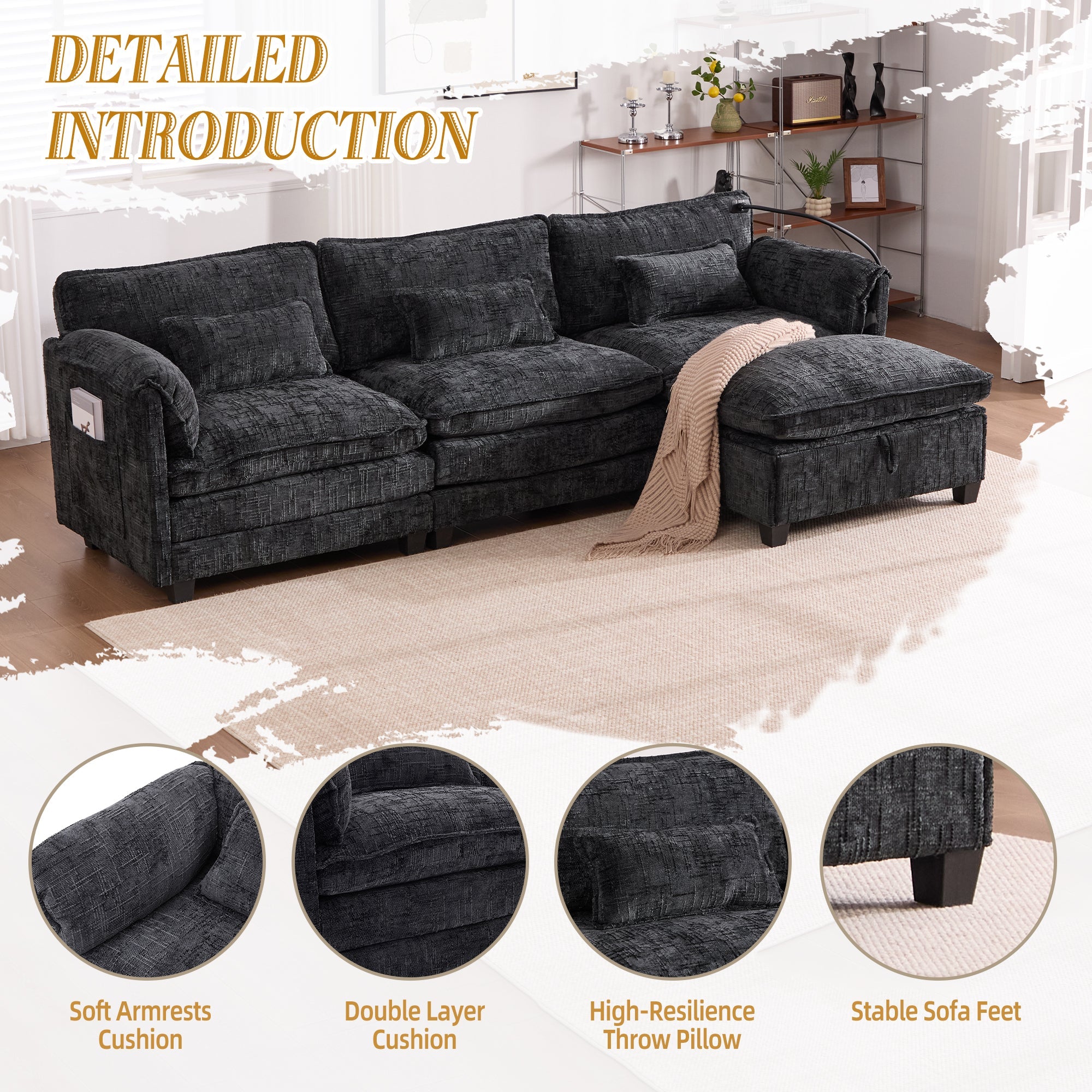 UNITED WE WIN 112' Oversized Sectional Sofa Cloud Couch for Living Room, Modern Chenille L Shaped Couch, Comfy Boucle Modular Sofa Sleeper with Movable Storage Ottoman, Phone Holder, USB Charging Port