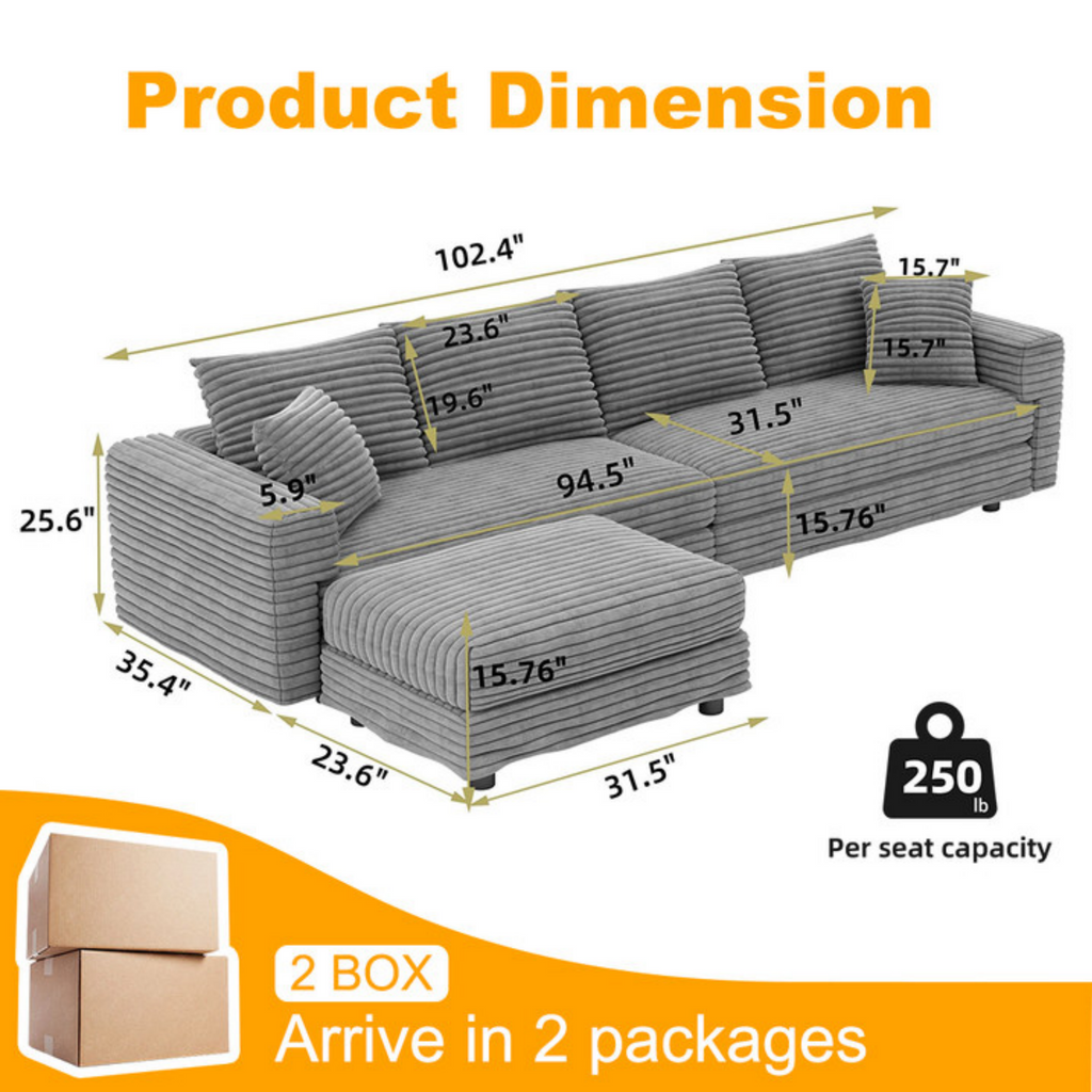 102.4 'Plush Corduroy 4-Seat Sofa,Modern Comfy Upholstered Sofa Cloud Couch,Deep Seat Couches with Soft Pillows and Movable Ottoman,Convertible Sofa Lounge Chair,for Living Room,Apartment,Office,Grey