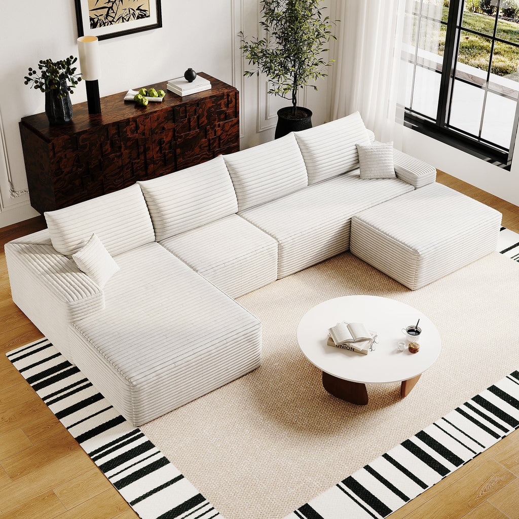 135' Cloud Sectional Sofa with 1 Ottoman,Modern Minimalist Upholstered Couches, Comfort U Shaped Sofa for Living Room,Deep Seat Corner Couch,No Assembly Required,Black (Plush Corduroy Fabric),White