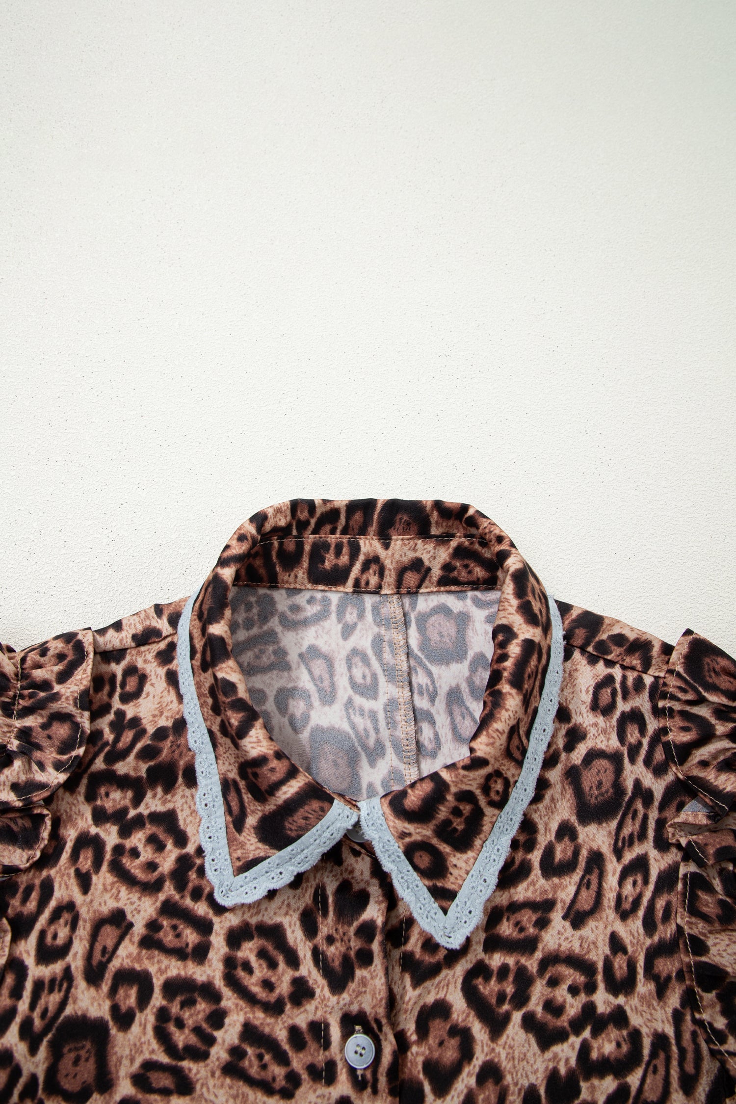 Leopard Lace Trim Collar Button Down Mini Dress