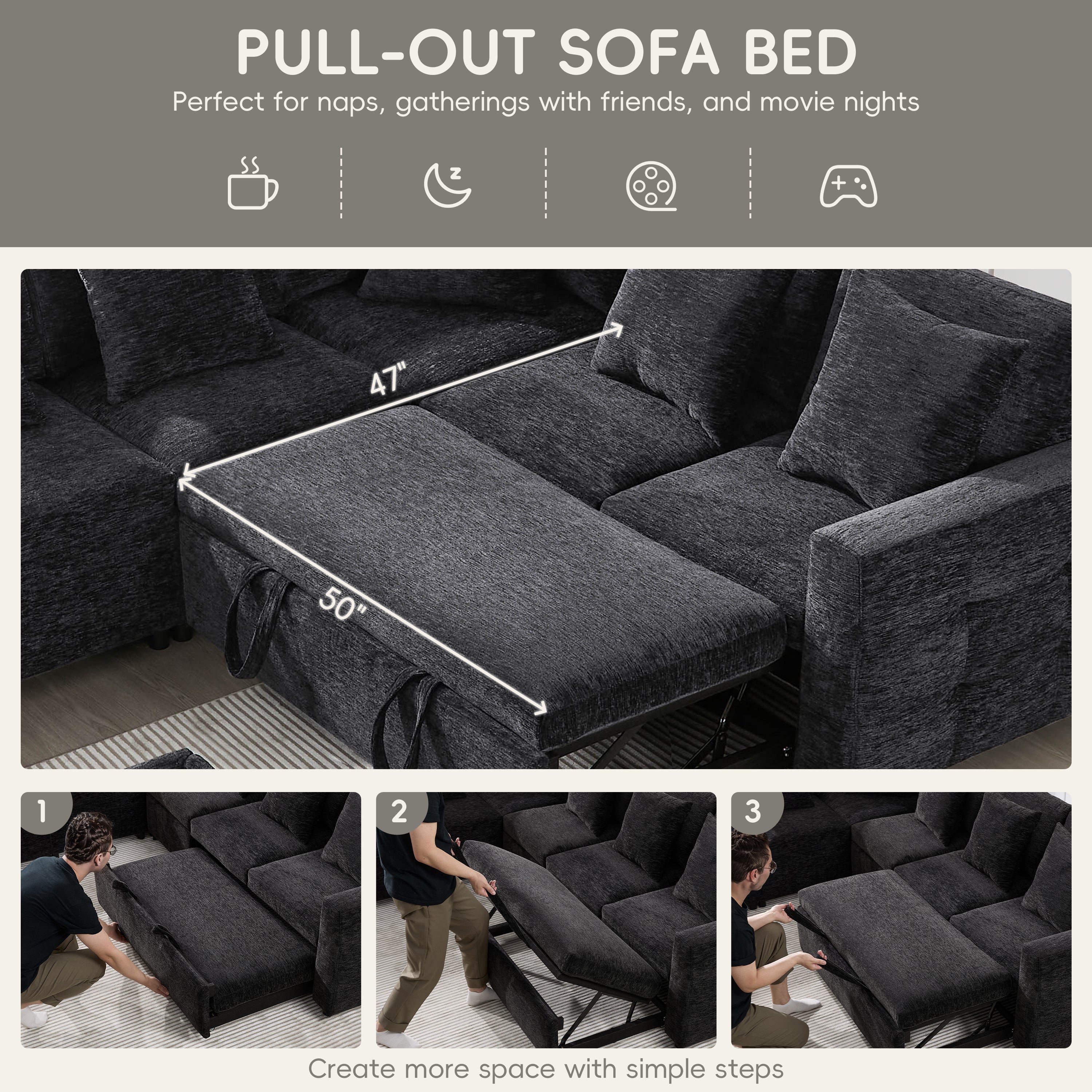 117*90'' Modular Sectional Pull-out Sofa Bed with Flip-up Table Panel, Reading Lamp, Charging Ports, Storage Ottoman, Tufted Design, 6 Pillows, Oversize & Free Combination, Chenille, 2 colors