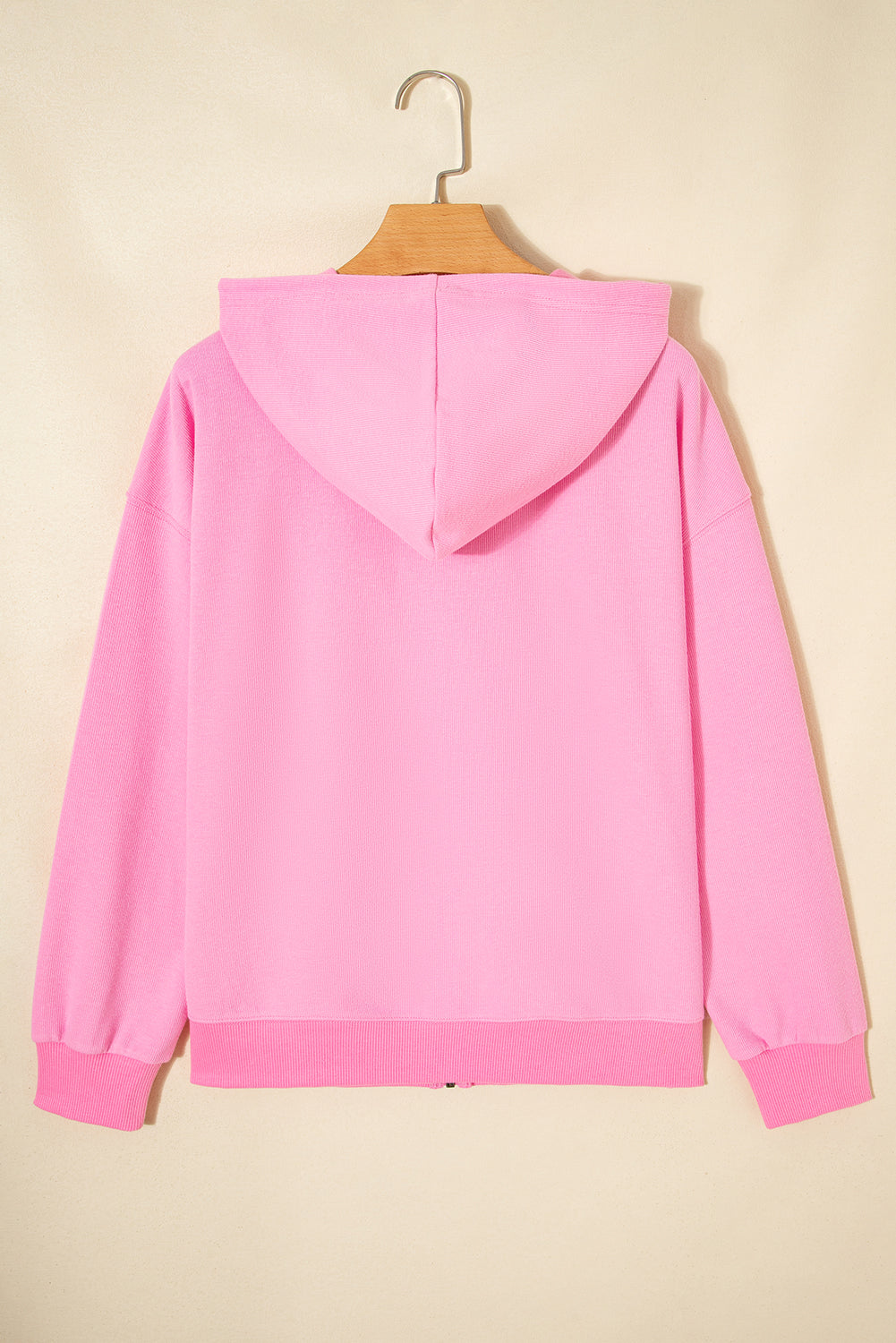 Solid Ribbed Zip-Up Drawstring Hooded Jacket