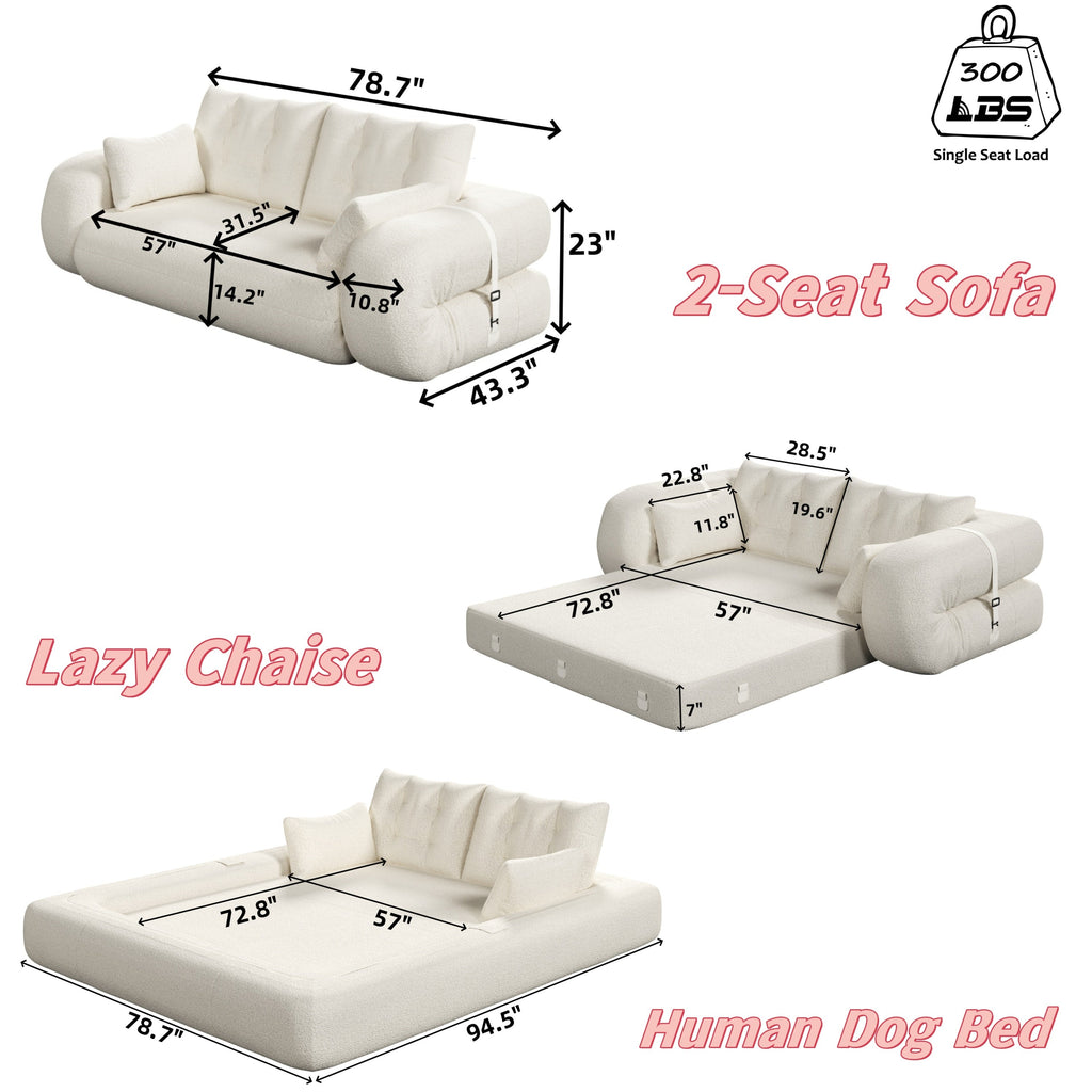 Human Dog Bed, Lazy Sofa Couch, 78.7 ' Multi-Functional Foldable Sofa Bed, 3-in-1 Teddy Fabric Foam-Filled Sleeper Sofa Bed for Living Room,Guest Bed,Playroom,Grey