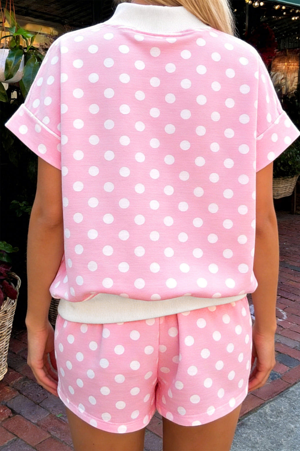 Polka Dot Colorblock Mock Neck & Shorts Set
