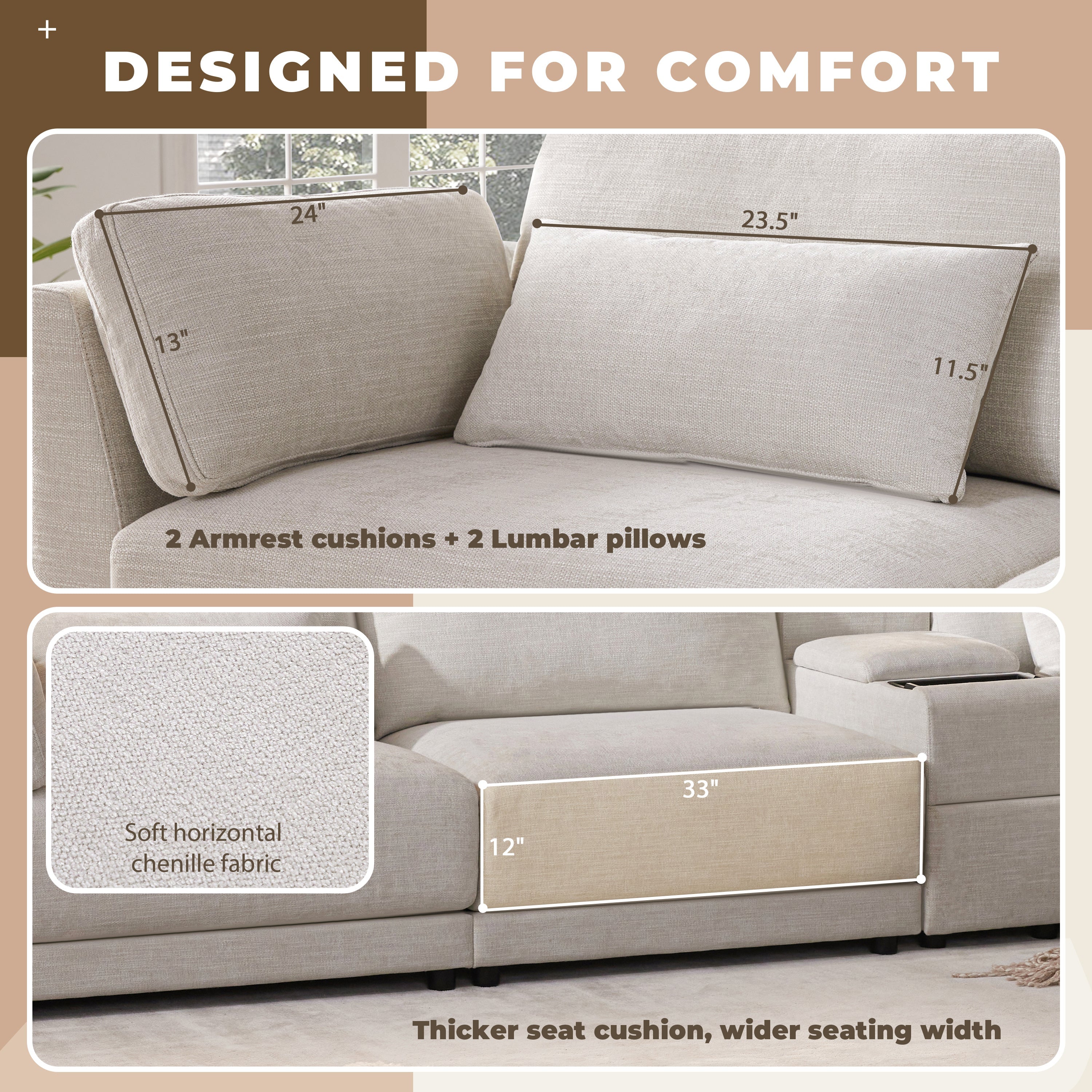 [VIDEO+NEW]124'' Modular Sectional Sofa with Storage Console and Movable Ottoman,33'' Wide Seat,4 Seat L Shaped Chenille Couch,Reversible Comfy Sofa with USB Charger for Living Room,Apartment,2 Colors