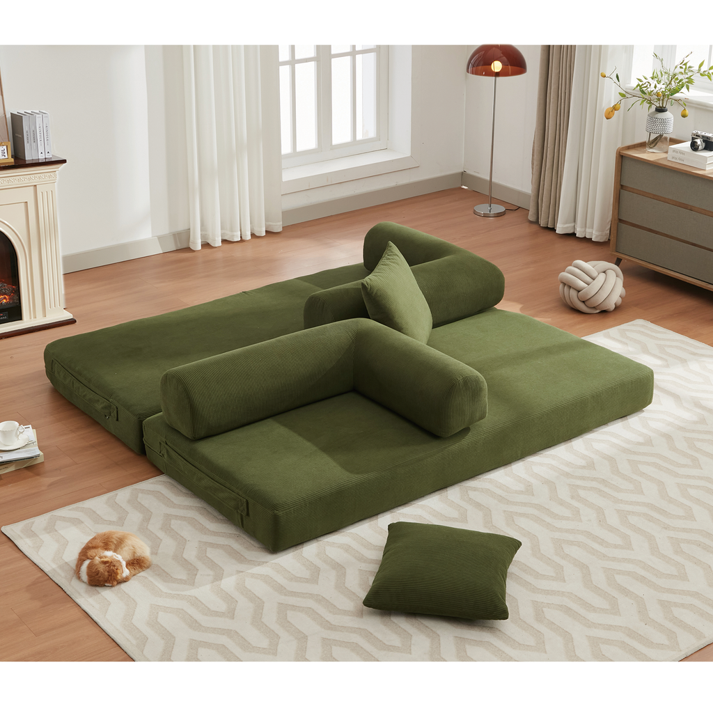 [NEW ARRIVED] [VIDEO PROVIDED] 78.5' Folding Convertible Out Sleeper Sofa Bed,4-in-1 DIY Combination Convertible  Sofa, 3 seat, Folding Sleeper Sofa, King Size , Bedroom,Apartment,Corduroy,Green
