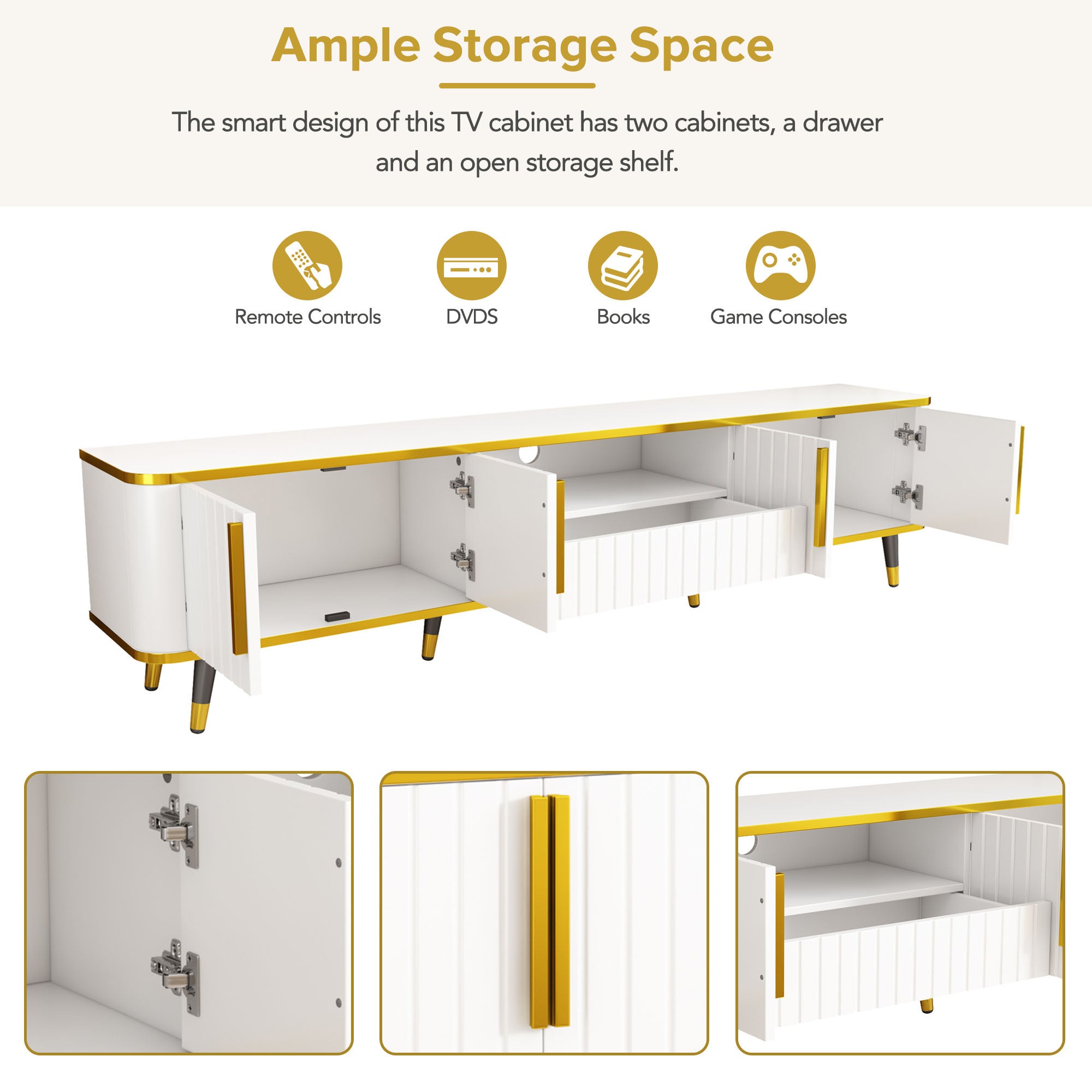 ON-TREND Luxury Minimalism TV Stand with Open Storage Shelf for TVs Up to 85', Entertainment Center with Cabinets and Drawers, Practical Media Console with Unique Legs for Living Room, White