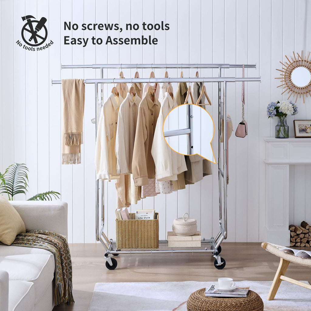 Heavy Duty Double Clothing Garment Rack With Shelves - Silver