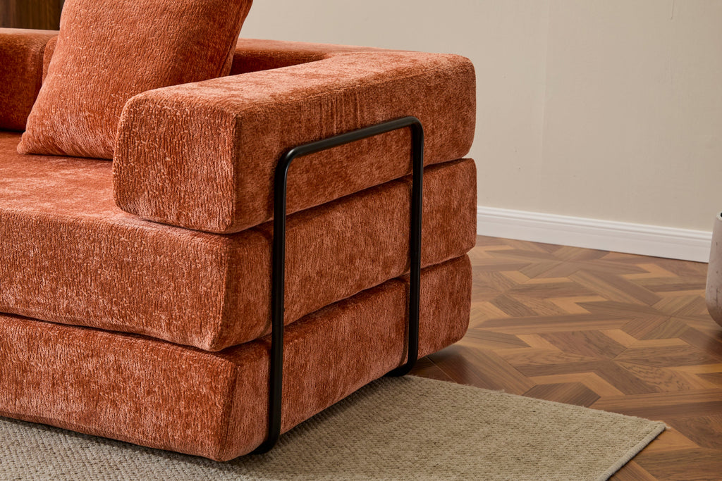 Floor Couch,Compression Sofa,Convertible Floor Sofa Bed-with Pillow Back Support Armrest,Comfy Futon Couch Lounge Sleeper Bed,chenille fabric,for Living Room Bedroom (orange)