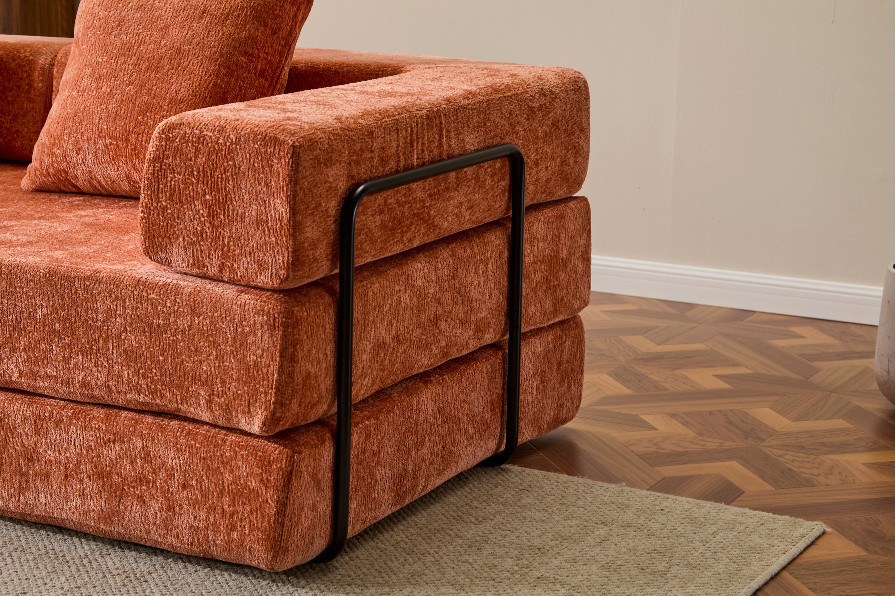 Floor Couch,Compression Sofa,Convertible Floor Sofa Bed-with Pillow Back Support Armrest,Comfy Futon Couch Lounge Sleeper Bed,chenille fabric,for Living Room Bedroom (orange)