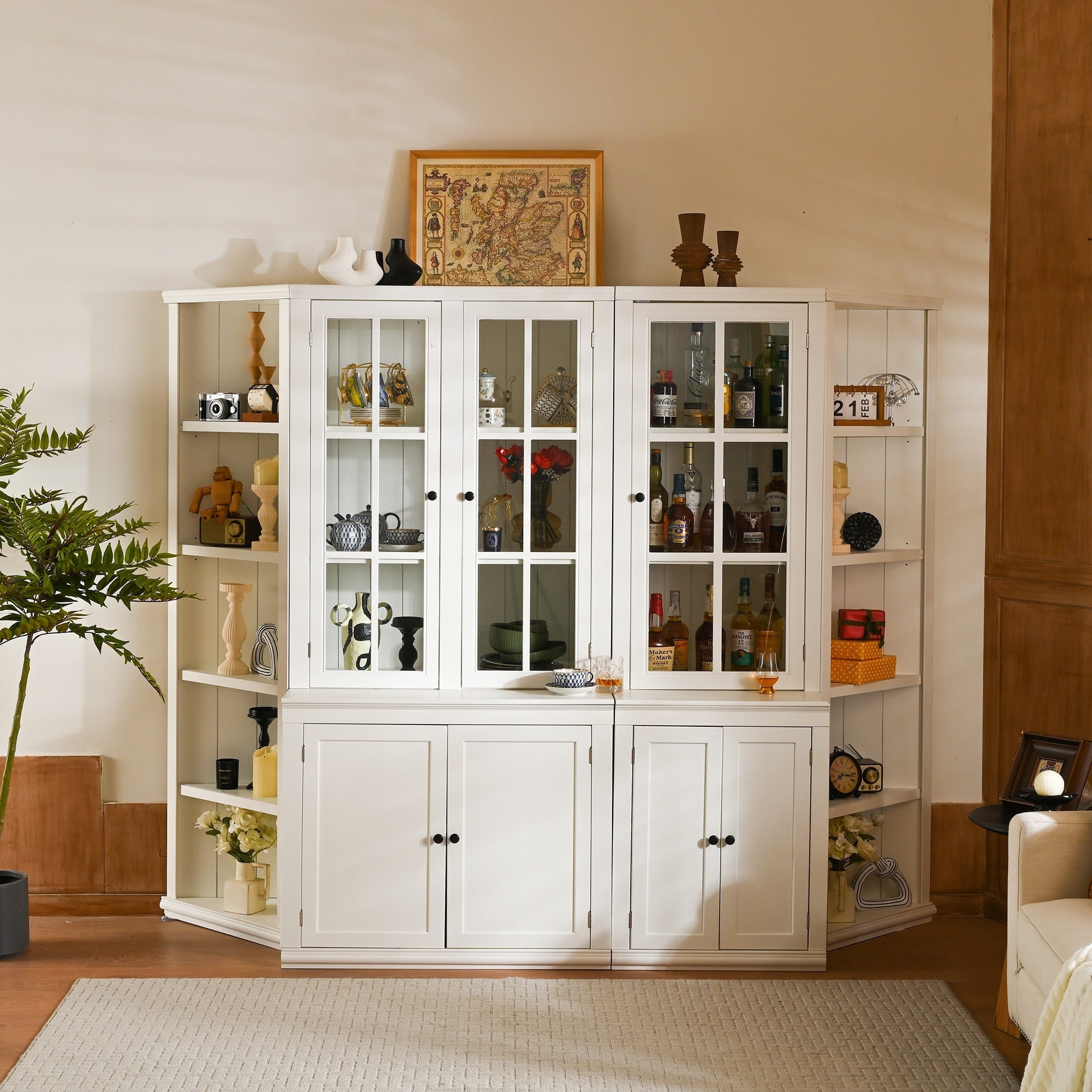 Retro Style Wall Suit with Glass Doors, 75.25'' Tall Display Cabinets & Triangle Sided Bookshelves, White