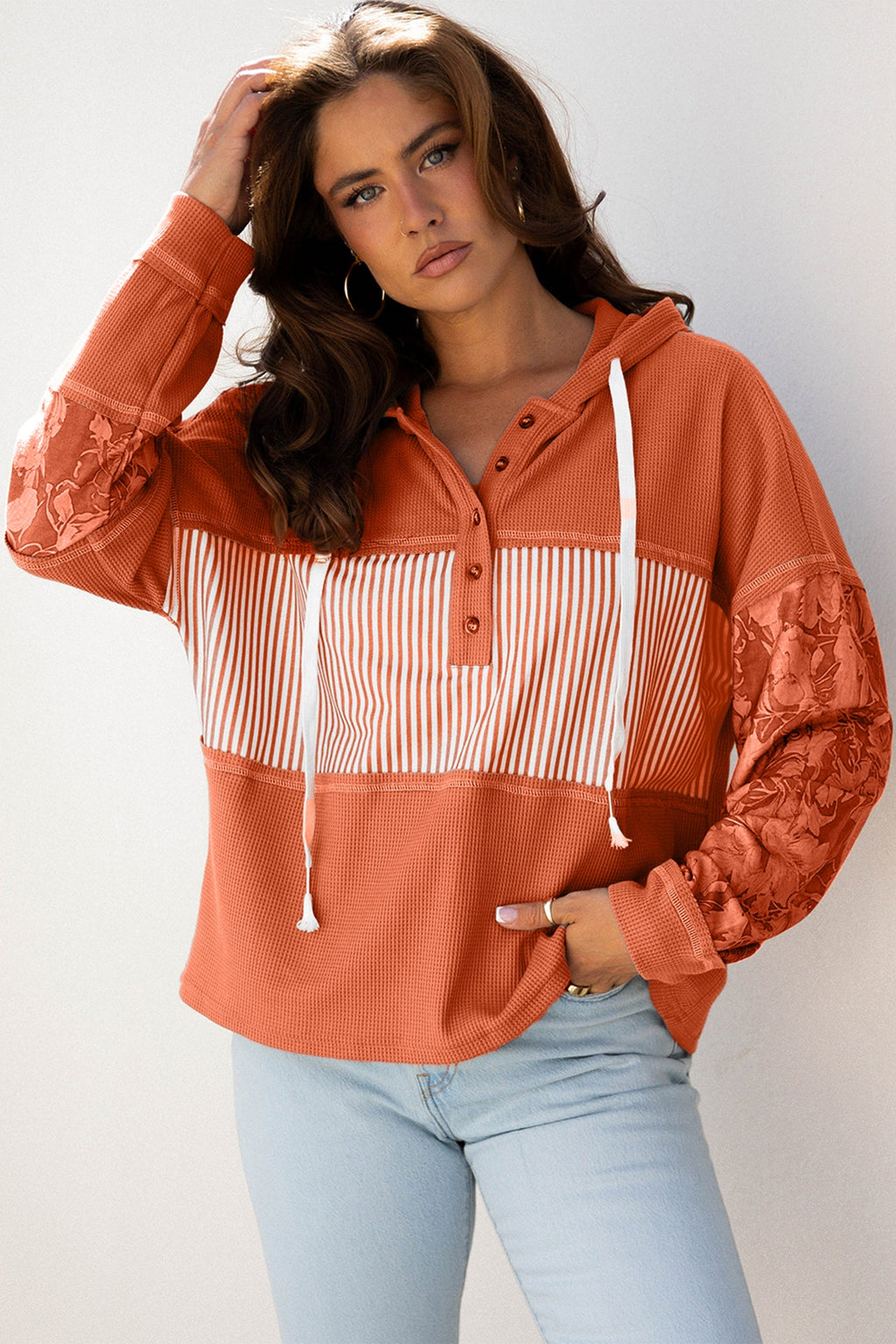 Stripe Waffle Patchwork Hooded Long Sleeve Top