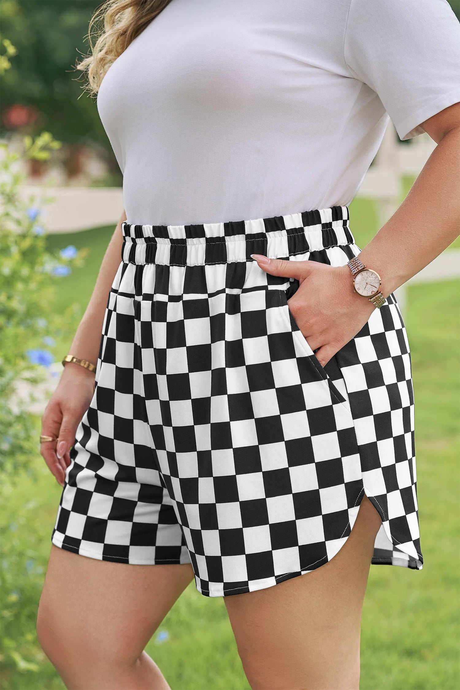Plus Size Checker Athleisure Shorts