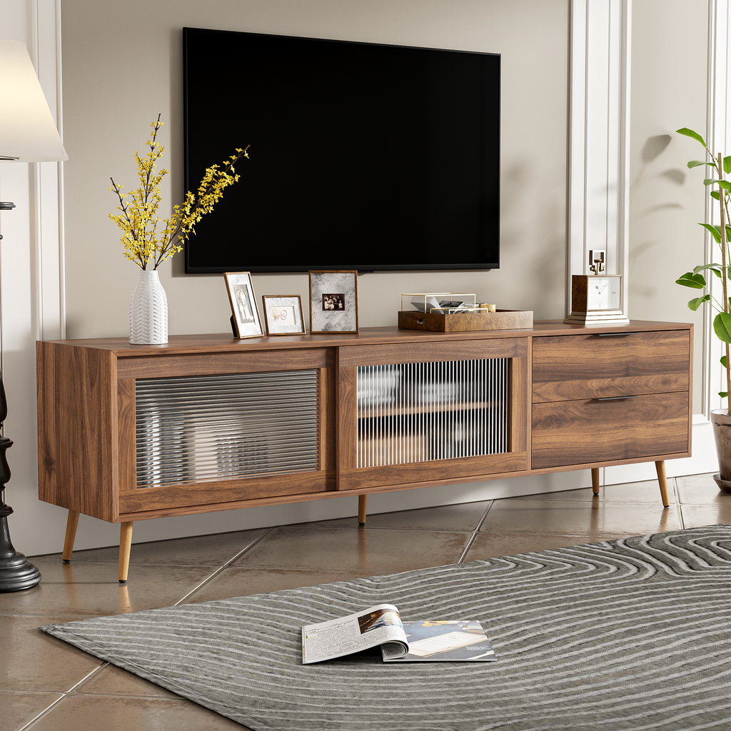 Modern TV Stand for 75'+ TV, TV Console with 2 Glass Doors, Entertainment Center with 2 Drawers & Storage Cabinet, 70' Media Console Table for Living Room, Bedroom
