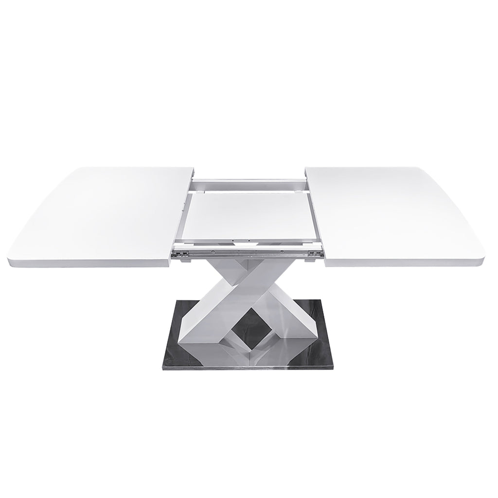 Modern Square Dining Table, Stretchable, White Table Top+MDF X-Shape Table Leg with Metal Base