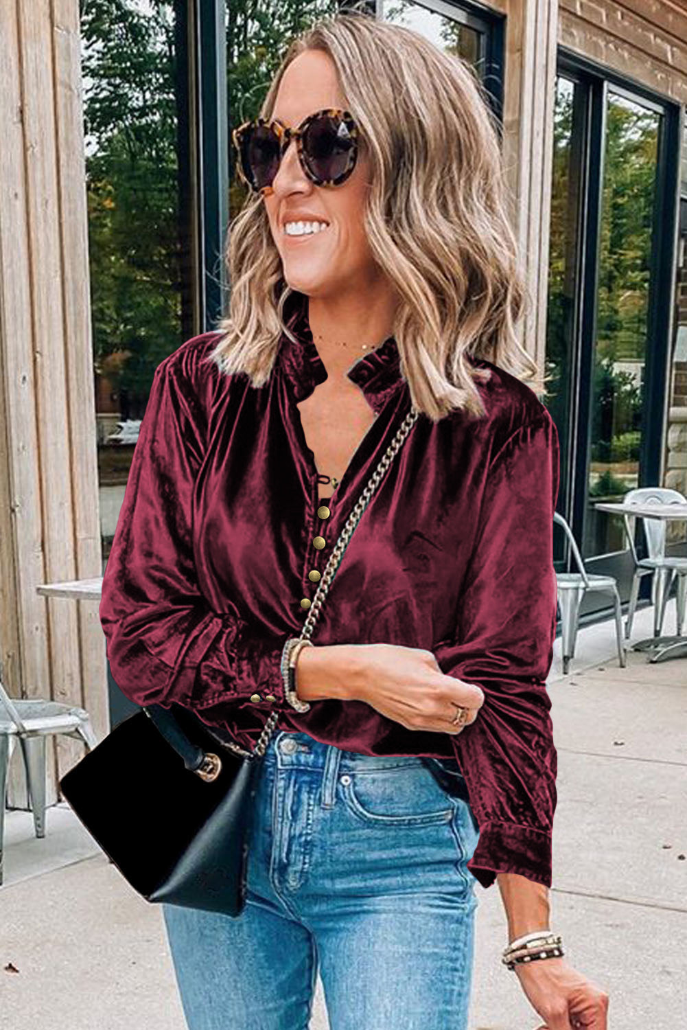 Red Velvet Frilled Buttoned V Neck Blouse Elegant Top
