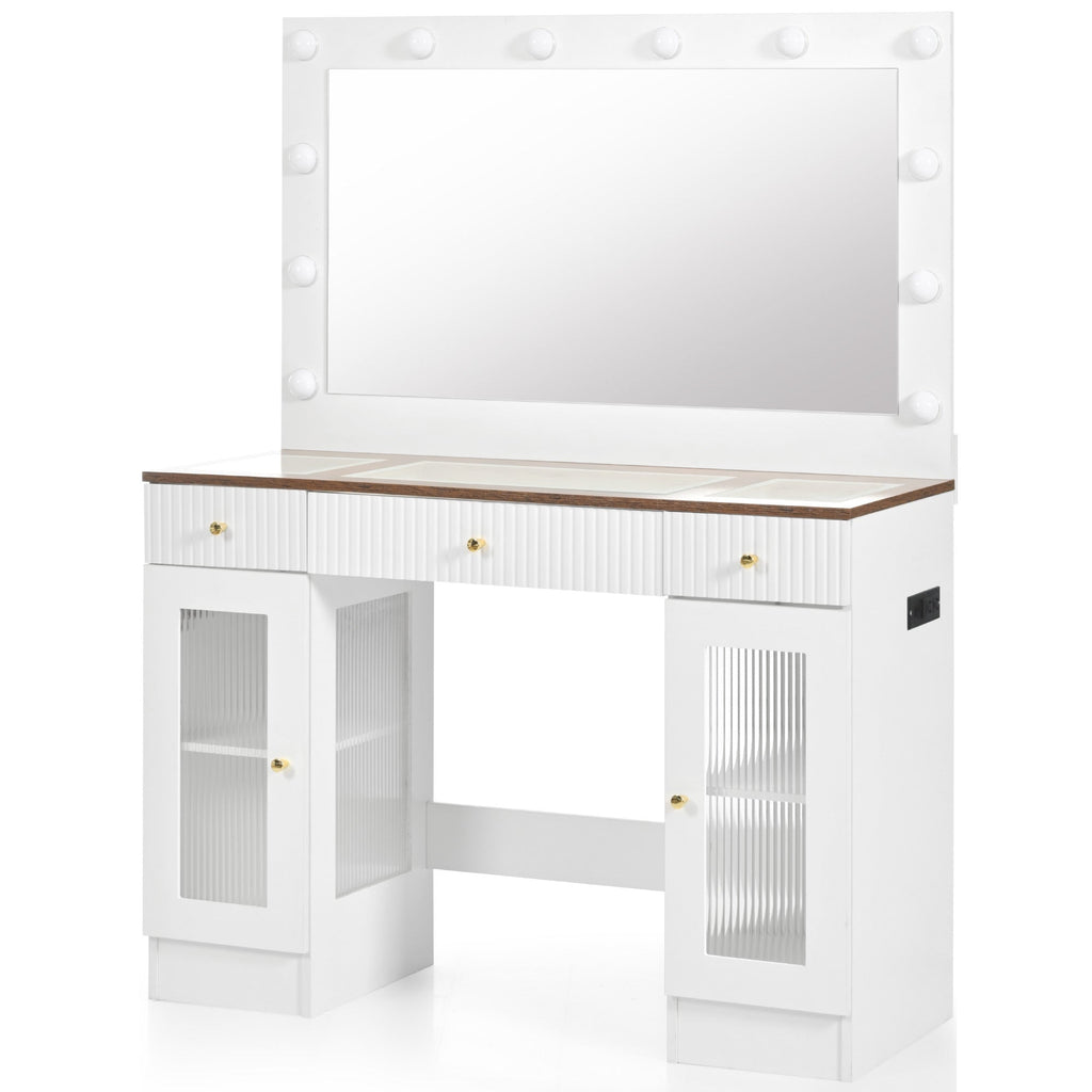 43.3' Vanity Desk with Large Mirror and Hollywood Bulbs, Modern Glass Top Makeup Vanity with Drawers and Power Outlet, Large Dressing Table with 3 Color Lighting Modes & RGB Cabinets for Bedroom