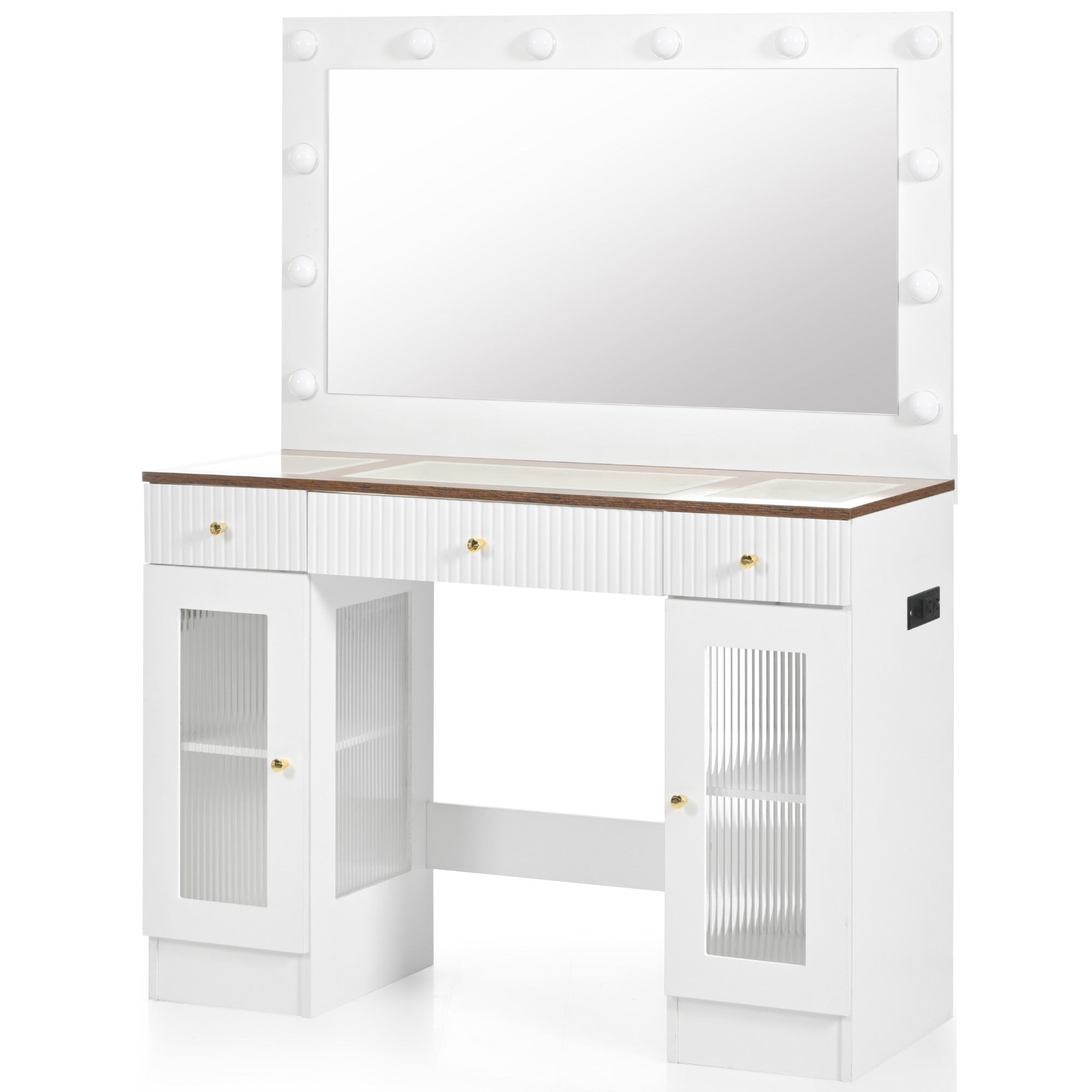 43.3' Vanity Desk with Large Mirror and Hollywood Bulbs, Modern Glass Top Makeup Vanity with Drawers and Power Outlet, Large Dressing Table with 3 Color Lighting Modes & RGB Cabinets for Bedroom