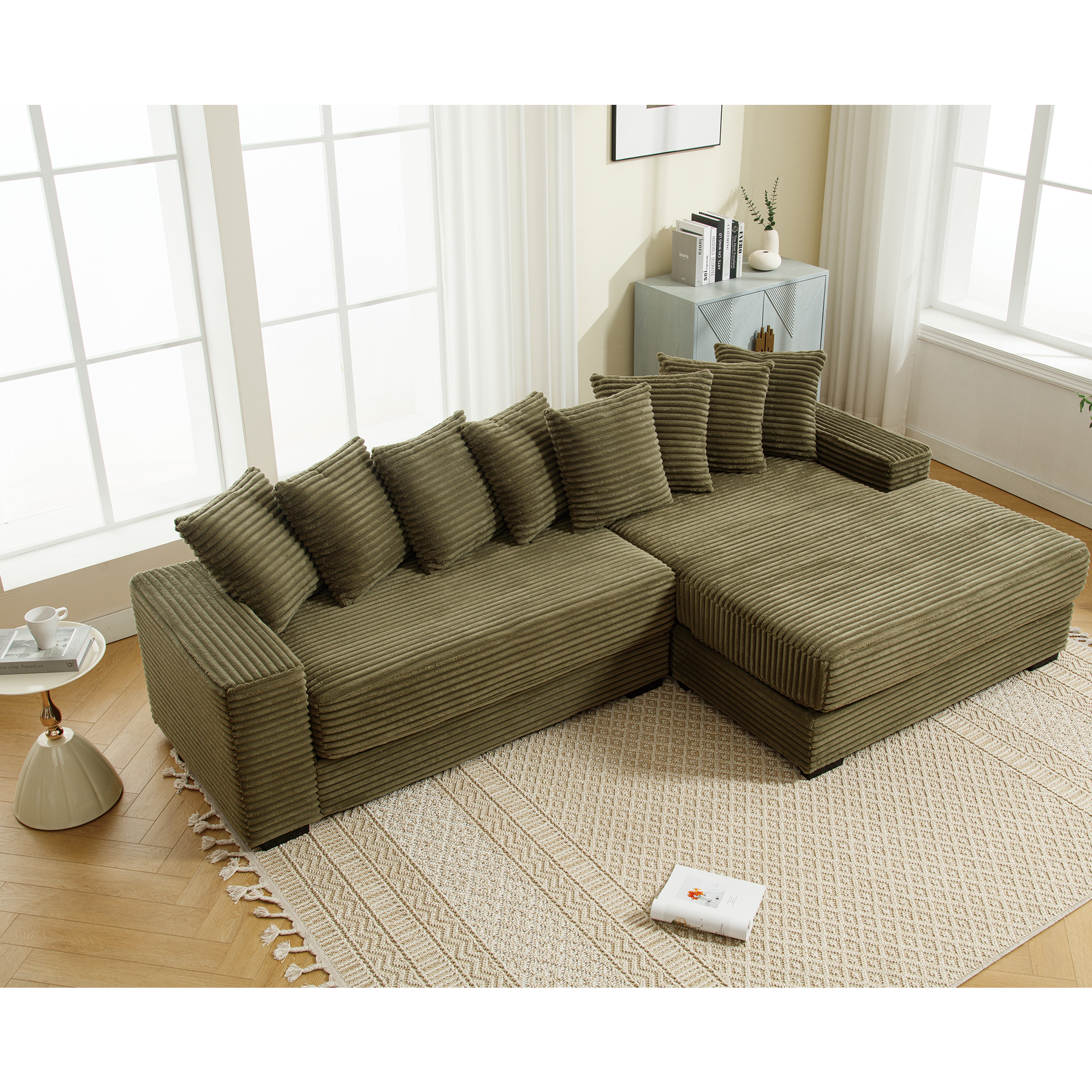 [NEW ARRIVED] [VIDEO PROVIDED] Oversized Two-Piece Couches, L Shaped Sofa, Corduroy, Right Chaise Daybed,with Armrests,Eight Throw Pillows,Corner Sofa,Easy To Assemble, Green
